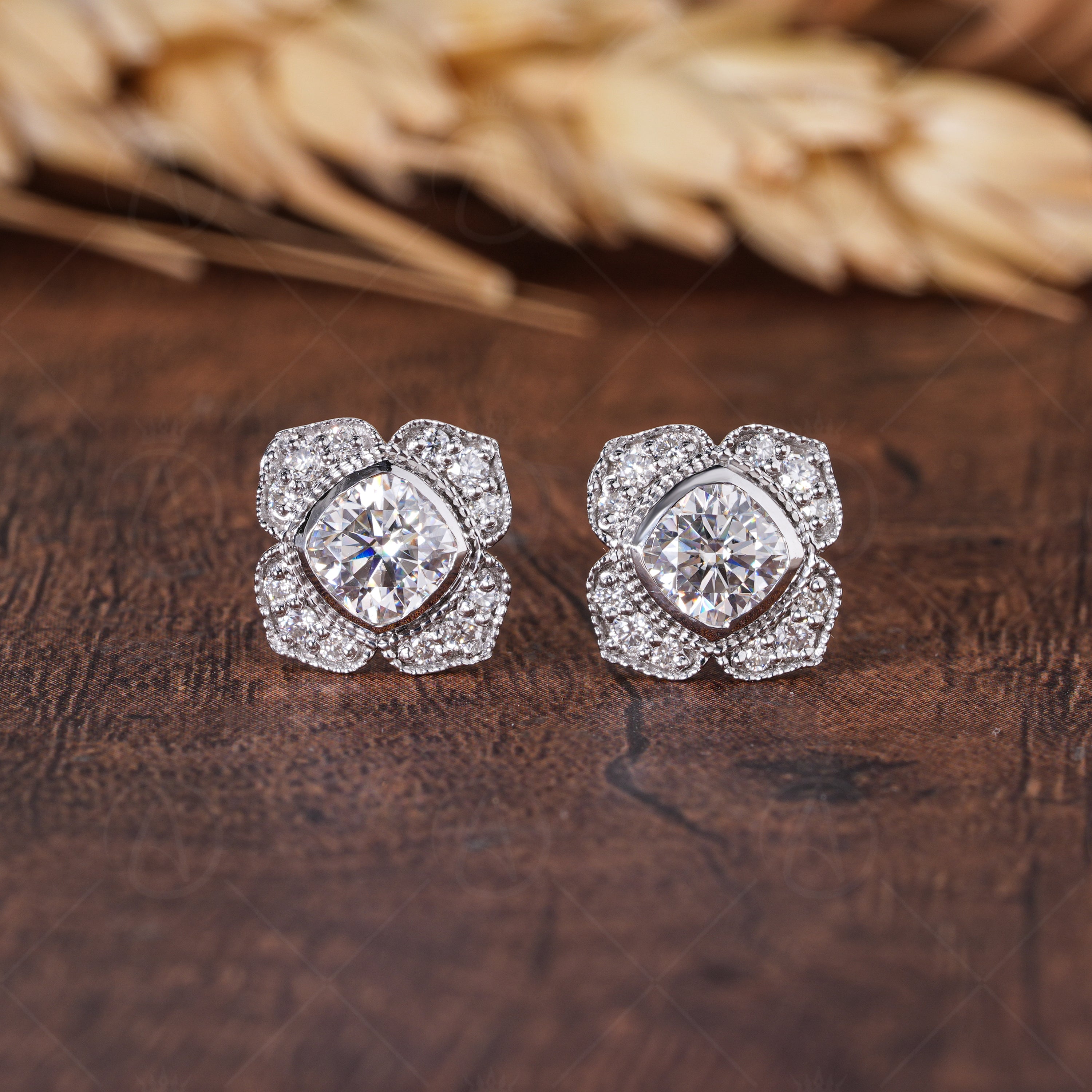 Floral Moissanite Stud Earrings, Nature Inspired Unique Earrings, Cushion Cut Halo Studs For Women, Art Deco Vintage Earrings