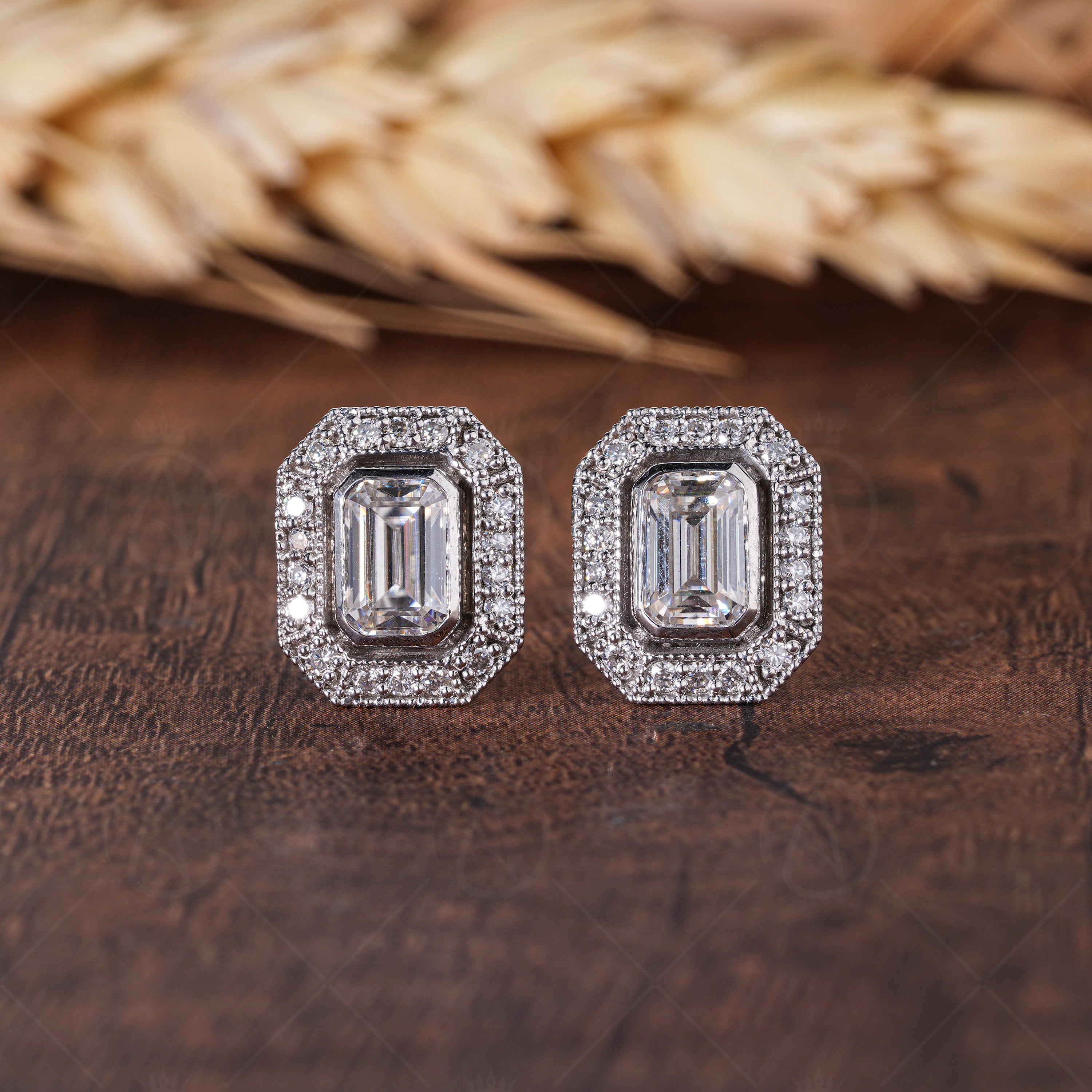 Vintage Emerald Cut Halo Stud Earrings, Moissanite Emerald Cut Earrings, Art Deco Milgrain Studs, Octagon Shape Earrings, Bridesmaid Gift