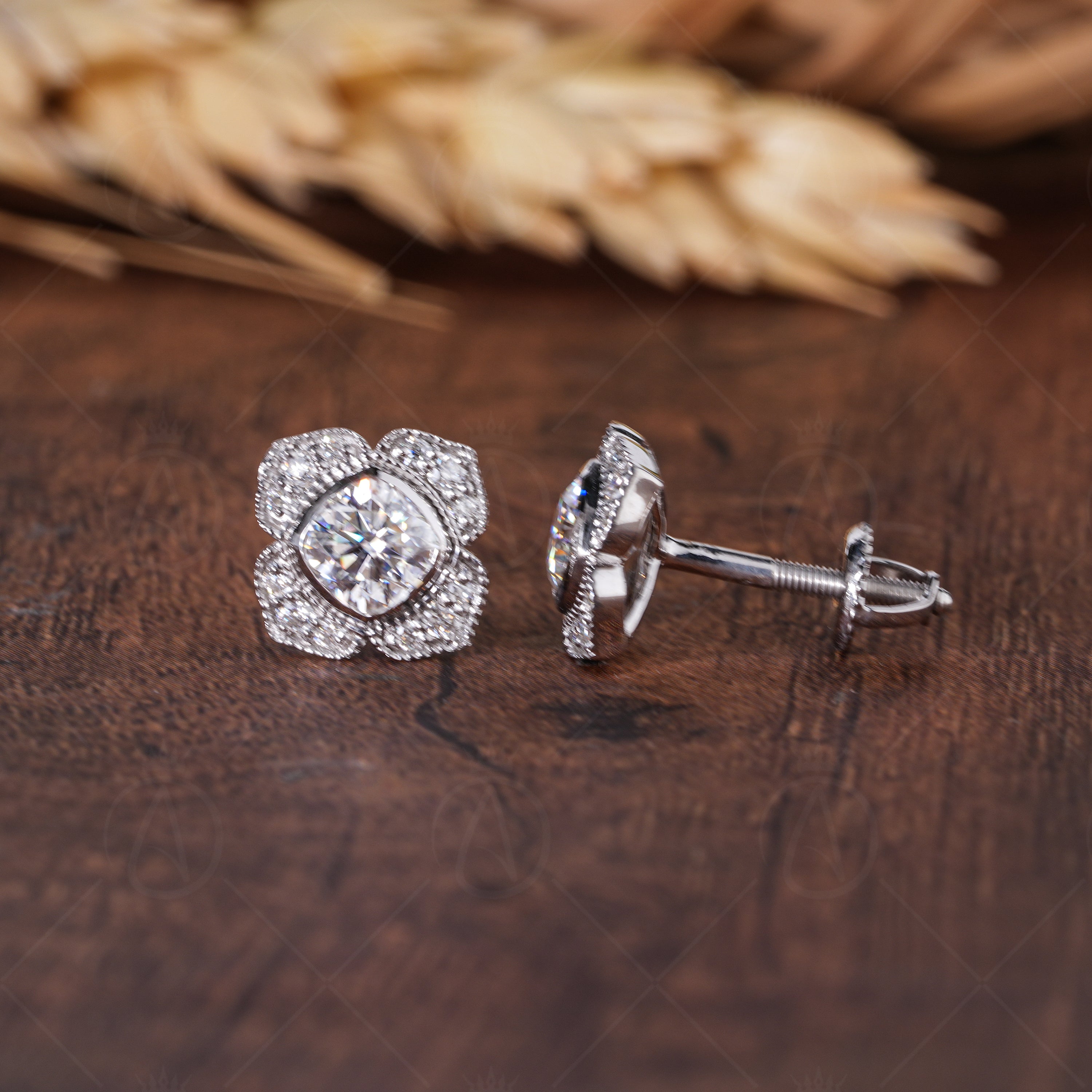 Floral Moissanite Stud Earrings, Nature Inspired Unique Earrings, Cushion Cut Halo Studs For Women, Art Deco Vintage Earrings