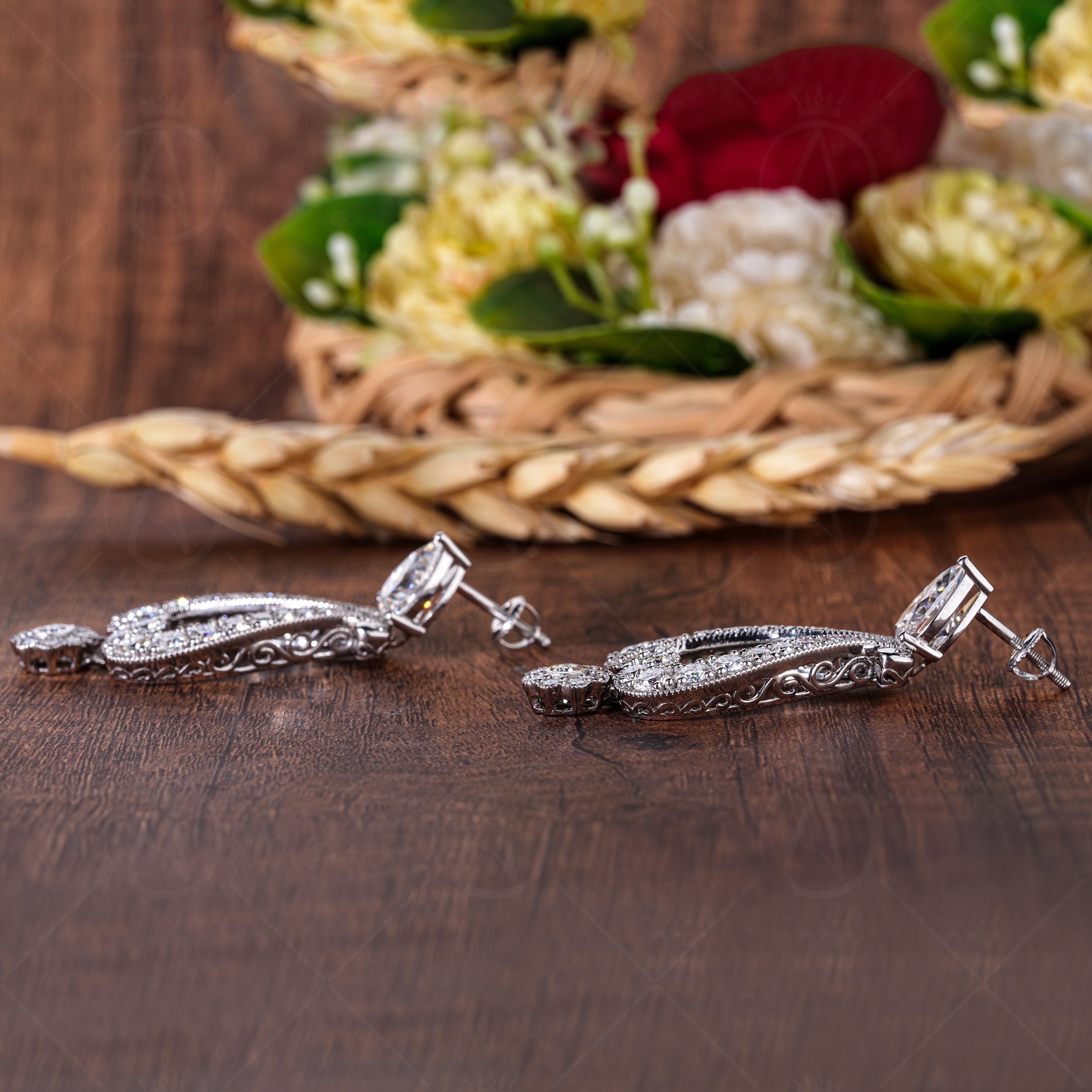 Vintage Drop Chain Stud Earrings For Women, Unique Moissanite Teardrop Dangling Earrings, Milgrain Art Deco Earrings