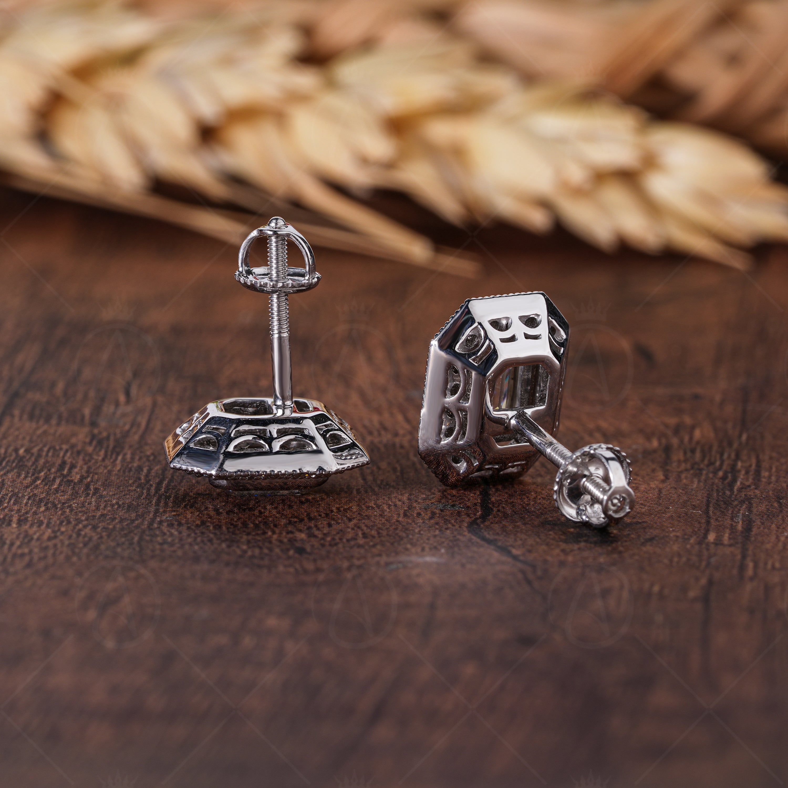 Vintage Emerald Cut Halo Stud Earrings, Moissanite Emerald Cut Earrings, Art Deco Milgrain Studs, Octagon Shape Earrings, Bridesmaid Gift