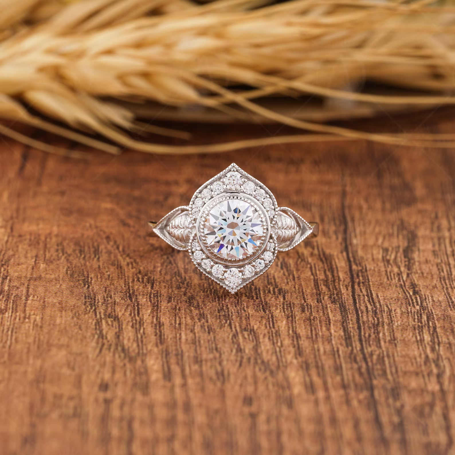 Floral Nature Inspired Round Moissanite Halo Engagement Filigree Ring