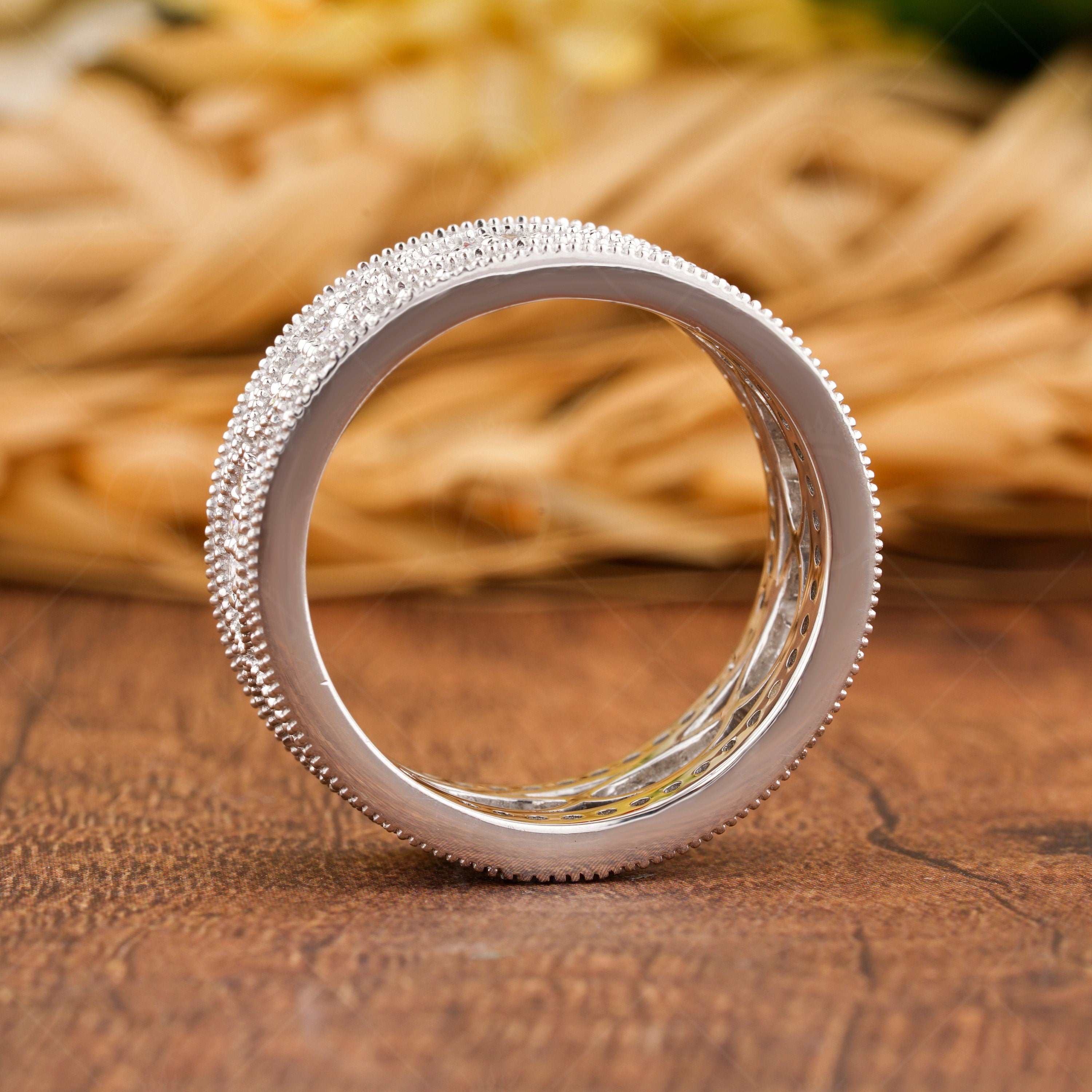 Vintage Filigree Anniversary Bands Women, Wide Full Eternity Band, Art Deco Moissanite Wedding Band Gold, Unique Thick Promise Ring For Her