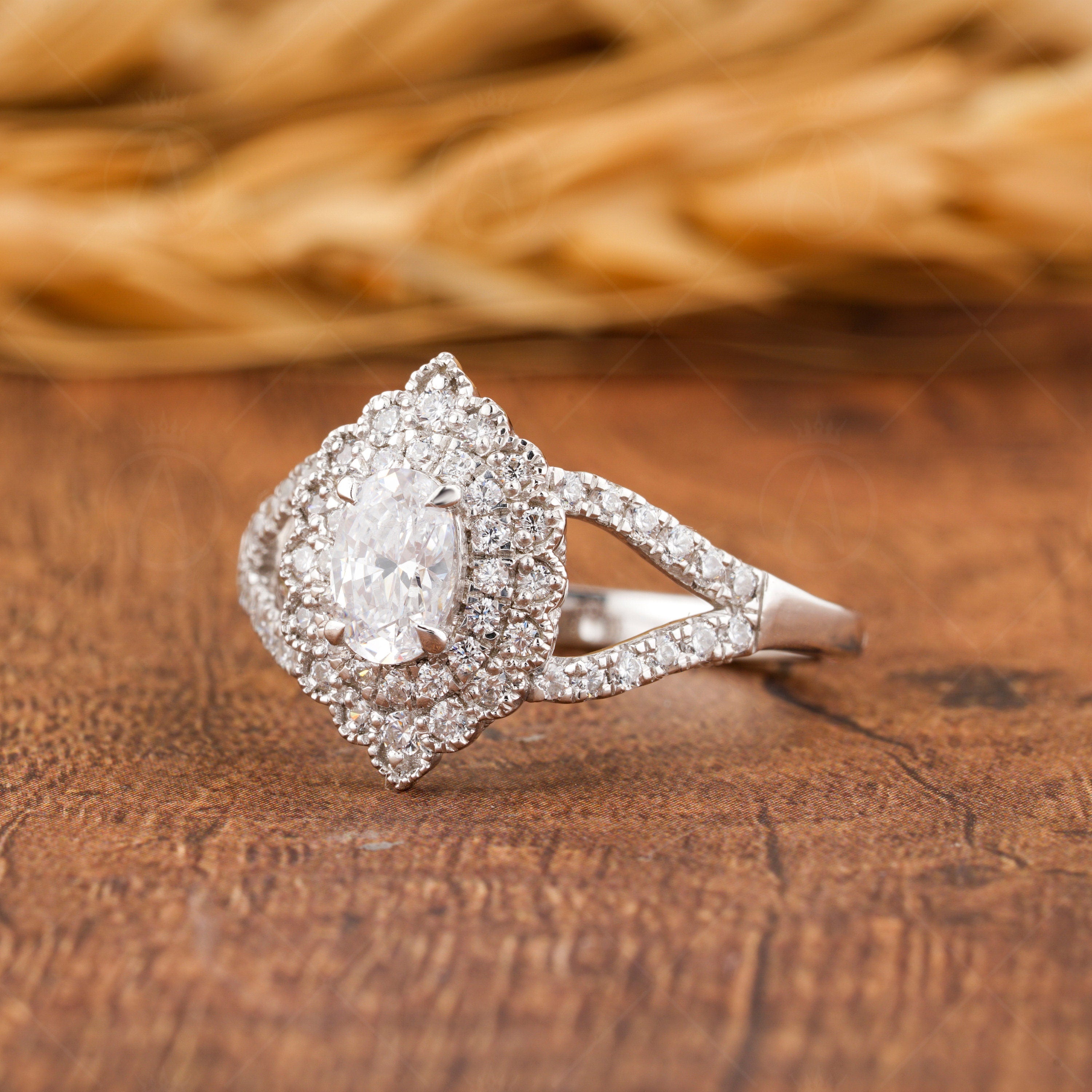 Art Deco Style Moissanite Ring, Vintage Inspired Ring, Oval Double Halo Engagement Ring, Milgrain Ring, Split Shank Ring Unique Promise Ring, Small Dotes Ring