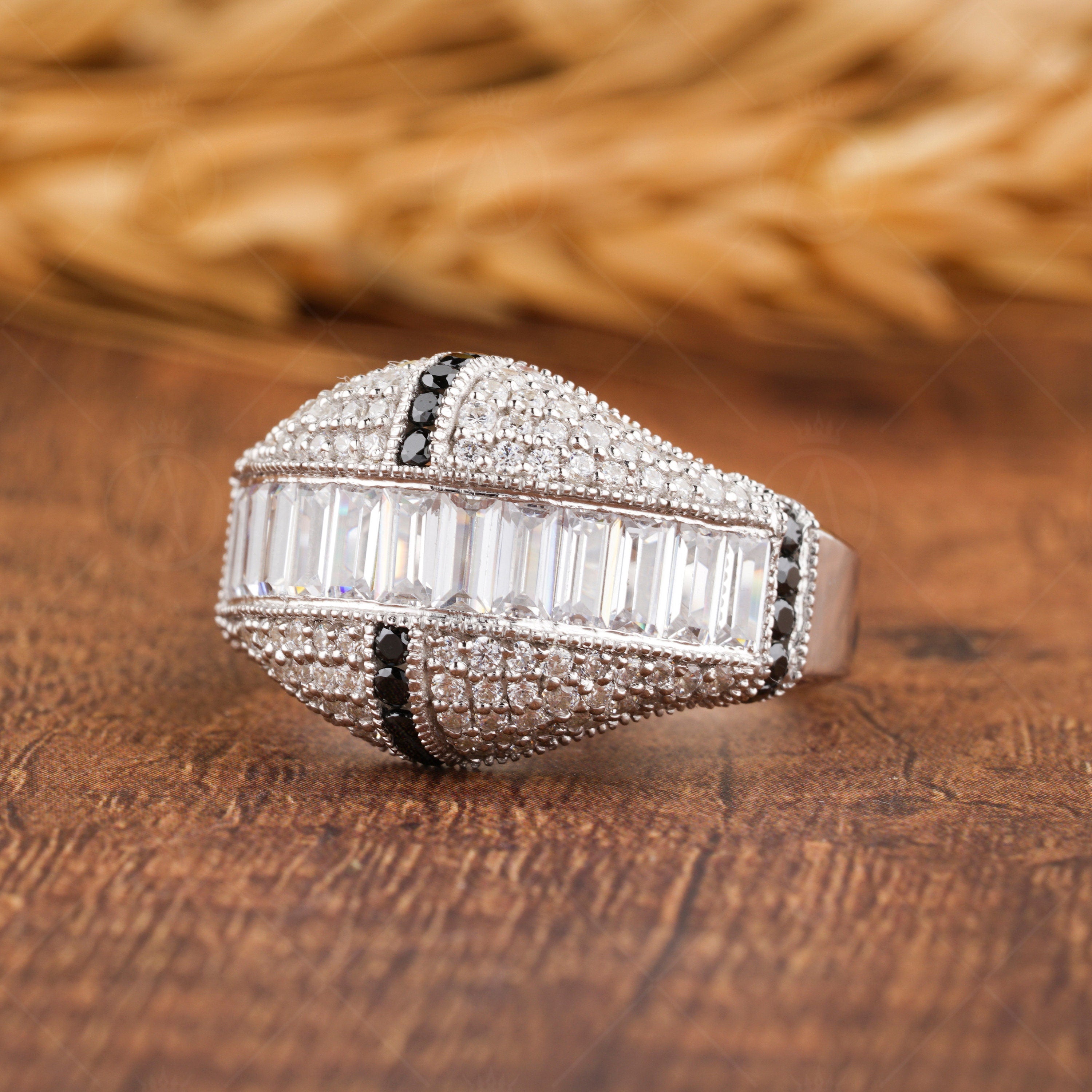 Vintage Statement Ring Women, Art Deco Dome Ring, Moissanite Chunky Dome Ring, Channel Baguette Engagement Ring, Unique Pave Milgrain Ring