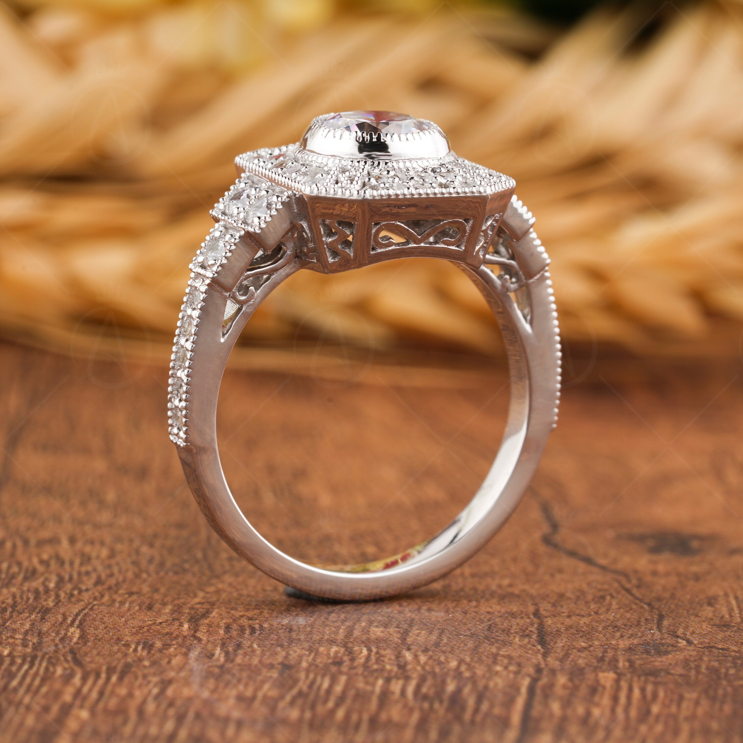 Milgrain Bezel Set Round Ring, Art Deco Moissanite Ring, Vintage Inspired Engagement Ring, Antique Style Ring For Women, Gold Estate Jewelry