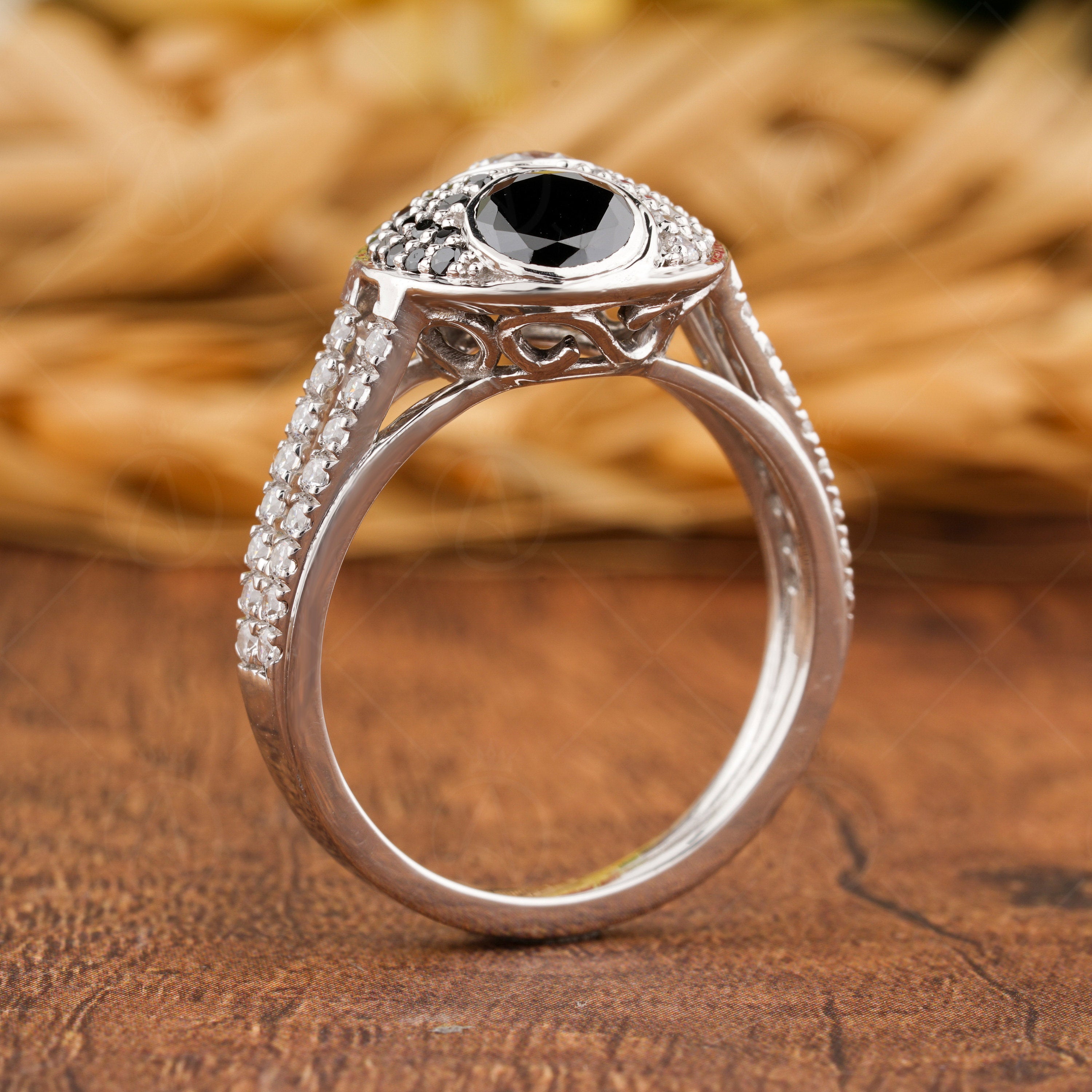 Art Deco Black And White Stone Ring, Signet Style Ring, Moissanite Cluster Engagement Ring, Gold Vintage Pinky Ring, Unique Women's Ring