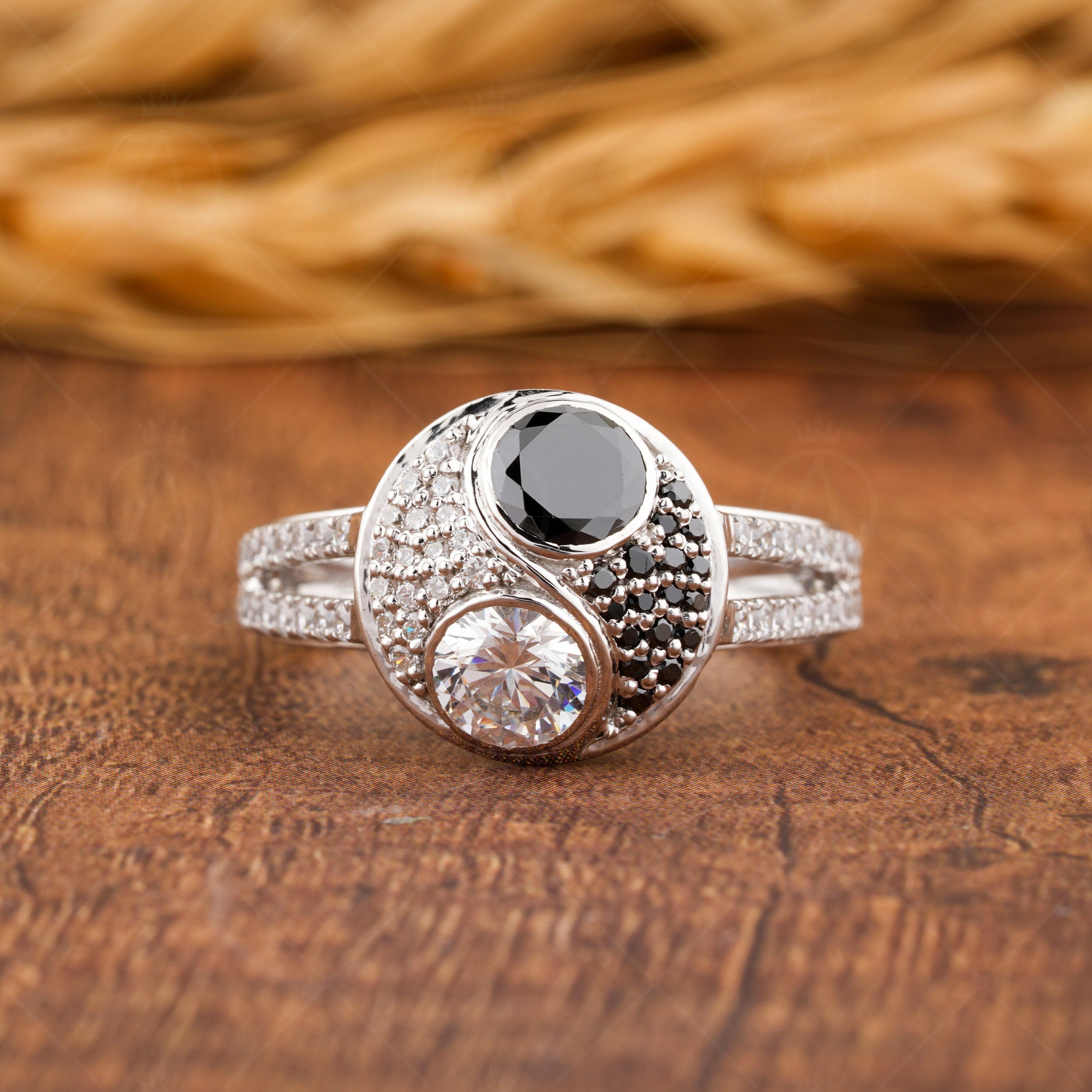 Art Deco Black And White Stone Ring, Signet Style Ring, Moissanite Cluster Engagement Ring, Gold Vintage Pinky Ring, Unique Women's Ring