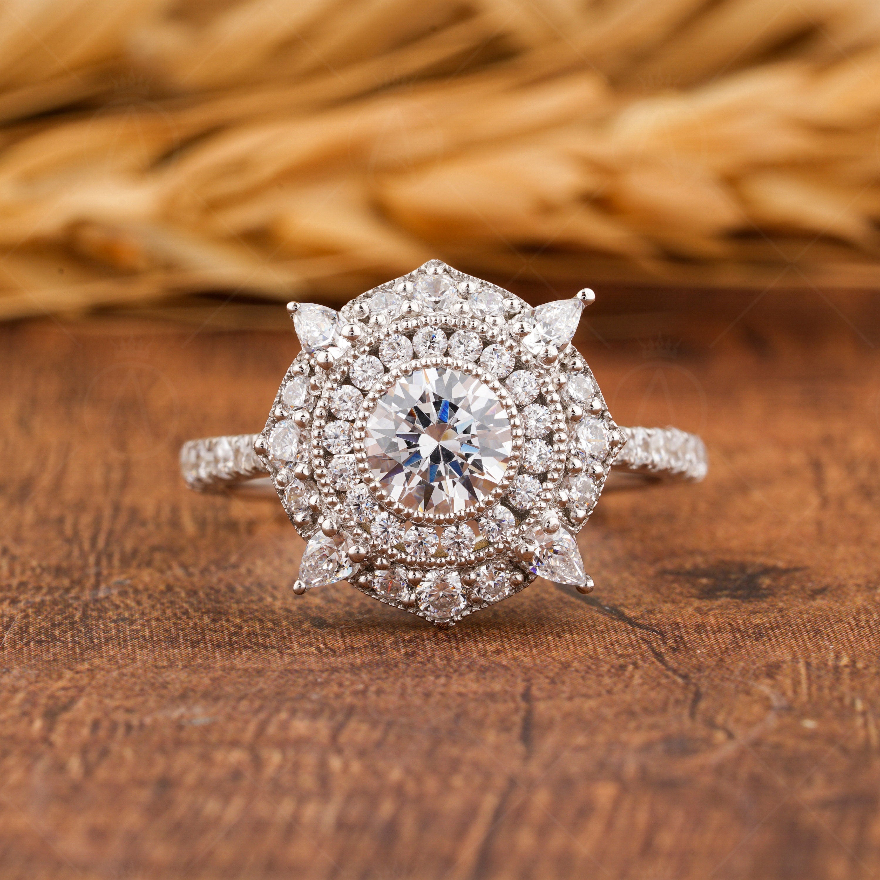 Antique Art Deco Style Ring, Vintage Milgrain Ring, Double Halo Moissanite Engagement Ring, Estate Rings For Women, Gold Promise Ring