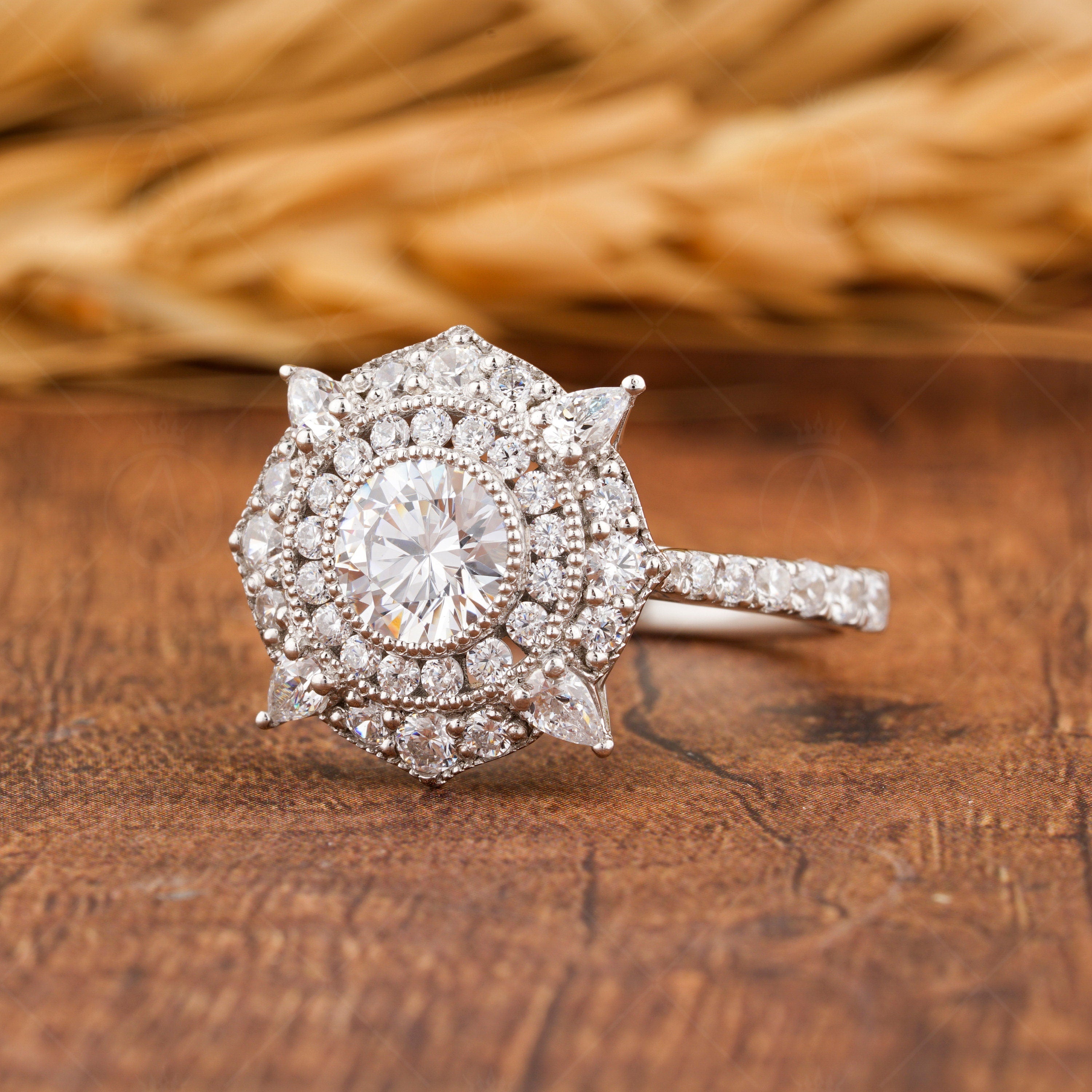 Antique Art Deco Style Ring, Vintage Milgrain Ring, Double Halo Moissanite Engagement Ring, Estate Rings For Women, Gold Promise Ring