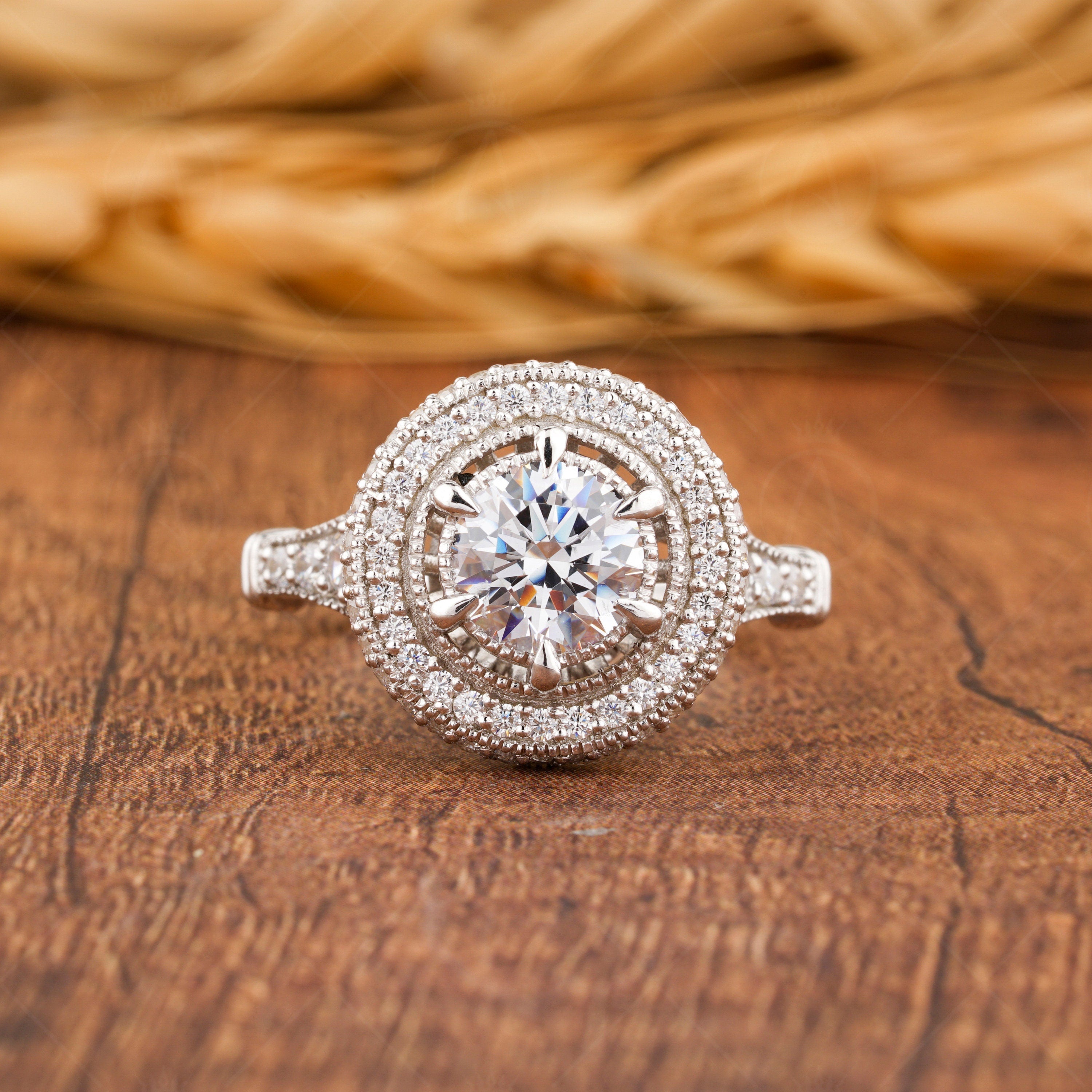 1930s Vintage Filigree Ring, Art Deco Moissanite Ring, Antique Halo Engagement Ring, Unique Milgrain Ring, Promise Rings For Women