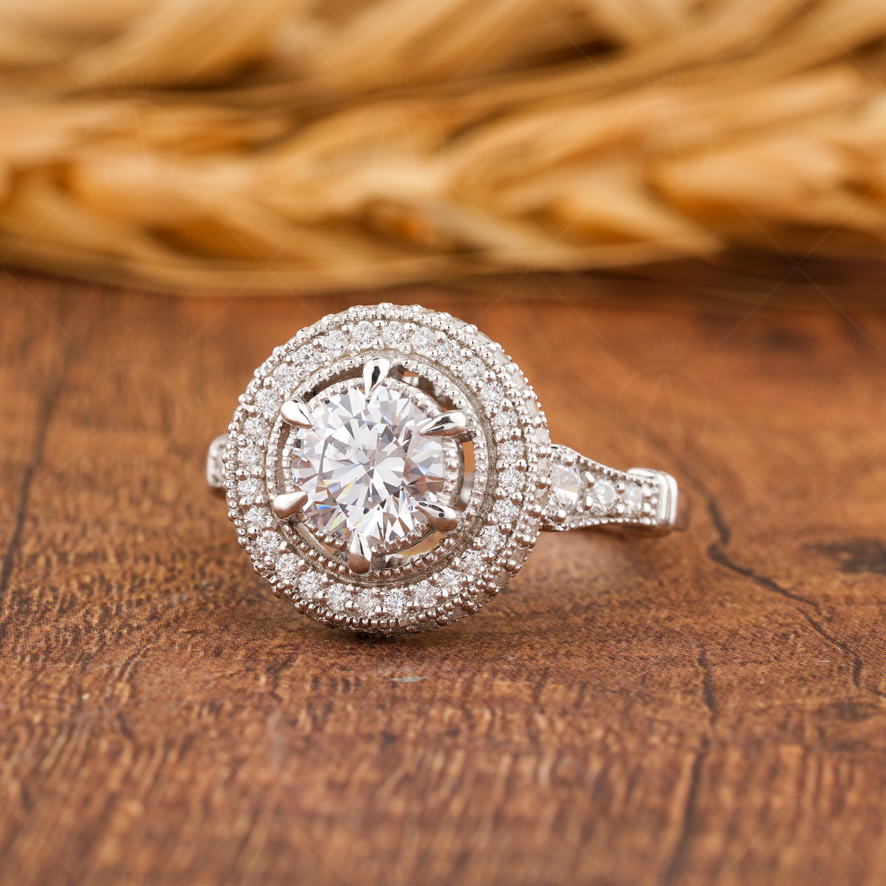 1930s Vintage Filigree Ring, Art Deco Moissanite Ring, Antique Halo Engagement Ring, Unique Milgrain Ring, Promise Rings For Women