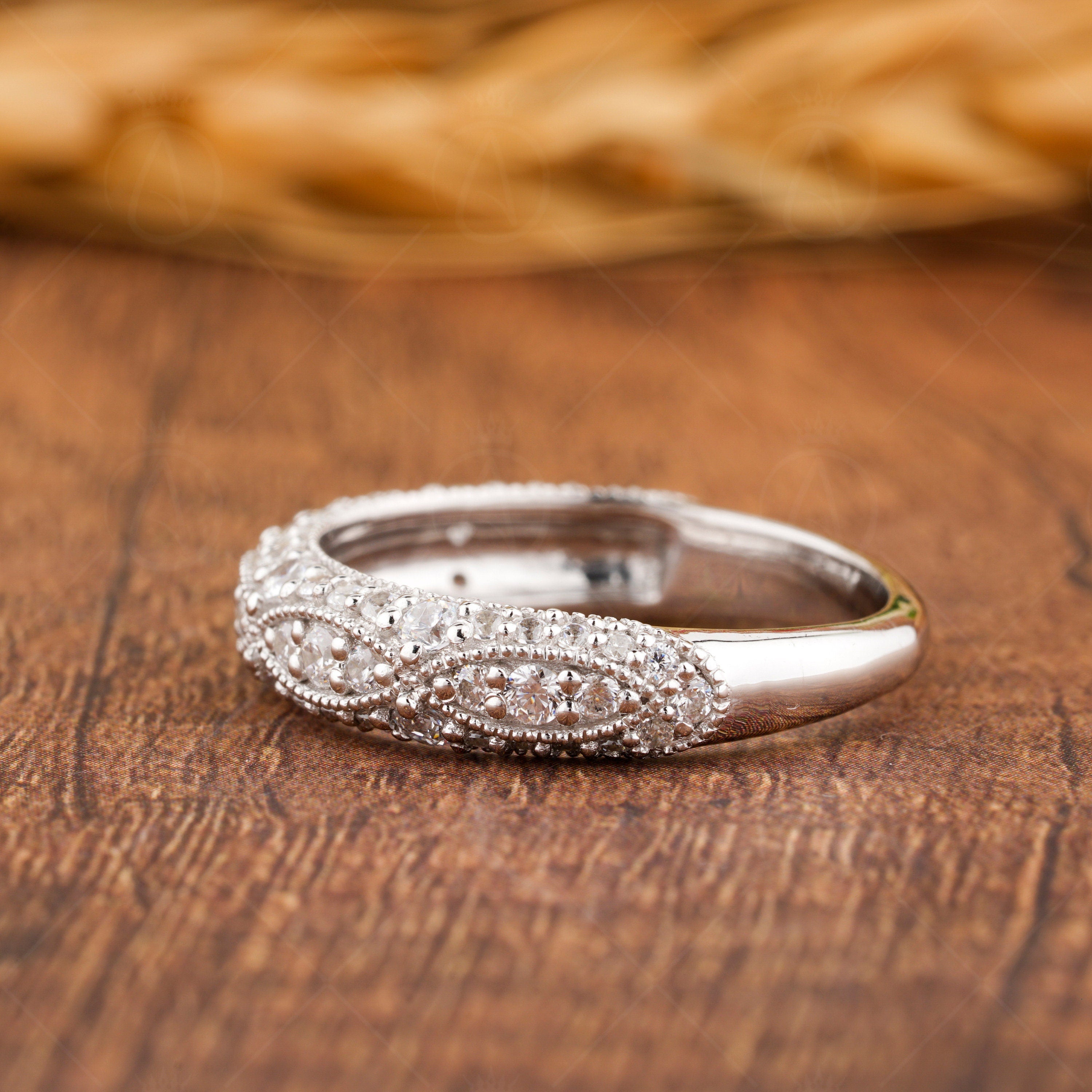 Moissanite Vintage Wedding Bands Women, Milgrain Half Eternity Band, Antique Art Deco Ring, Gold Wide Band Ring, Anniversary Rings For Women