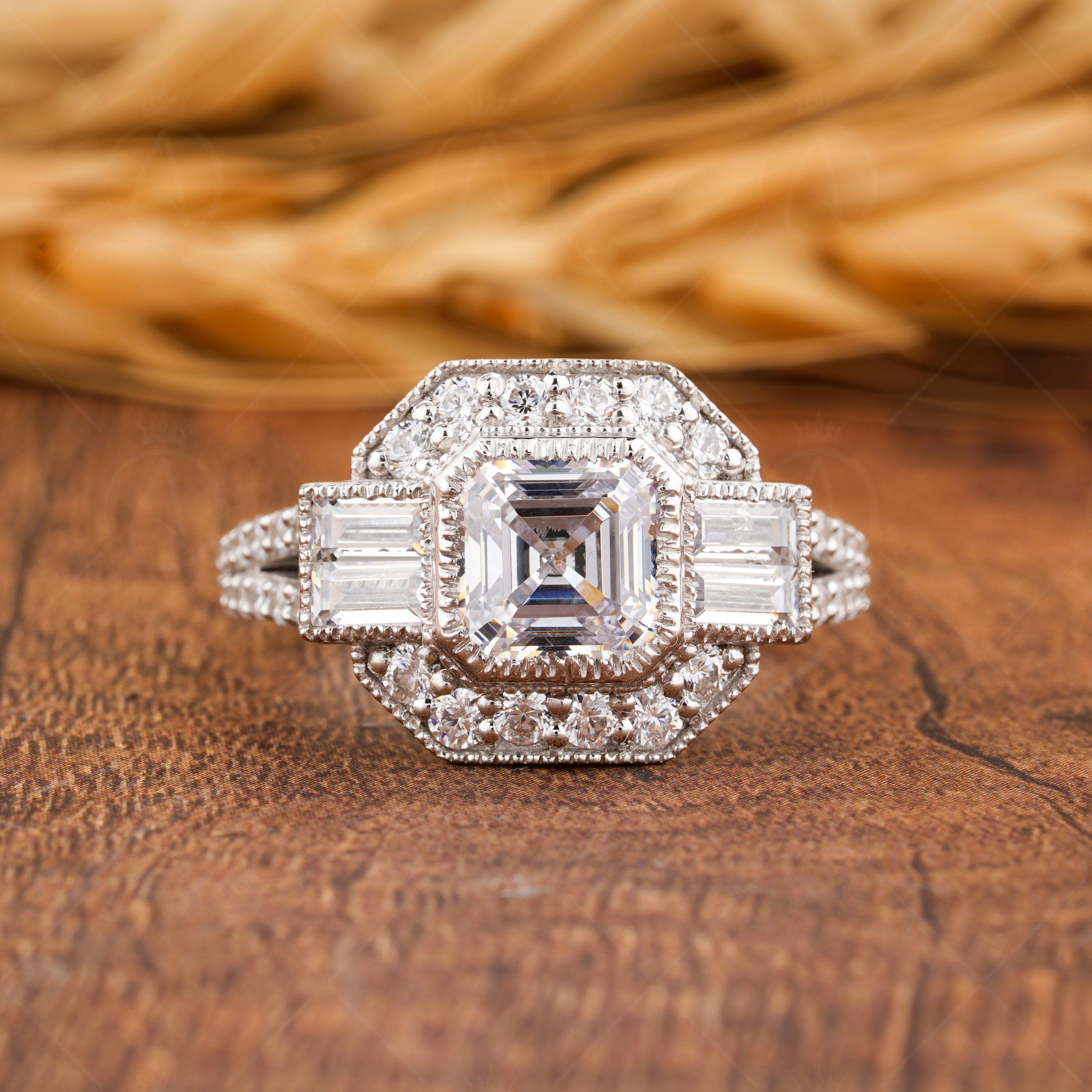 Asscher Cut Moissanite Art Deco Ring, Vintage Style Engagement Ring, Split Shank Ring, Unique Moissanite Diamond Ring, Promise Ring For Her