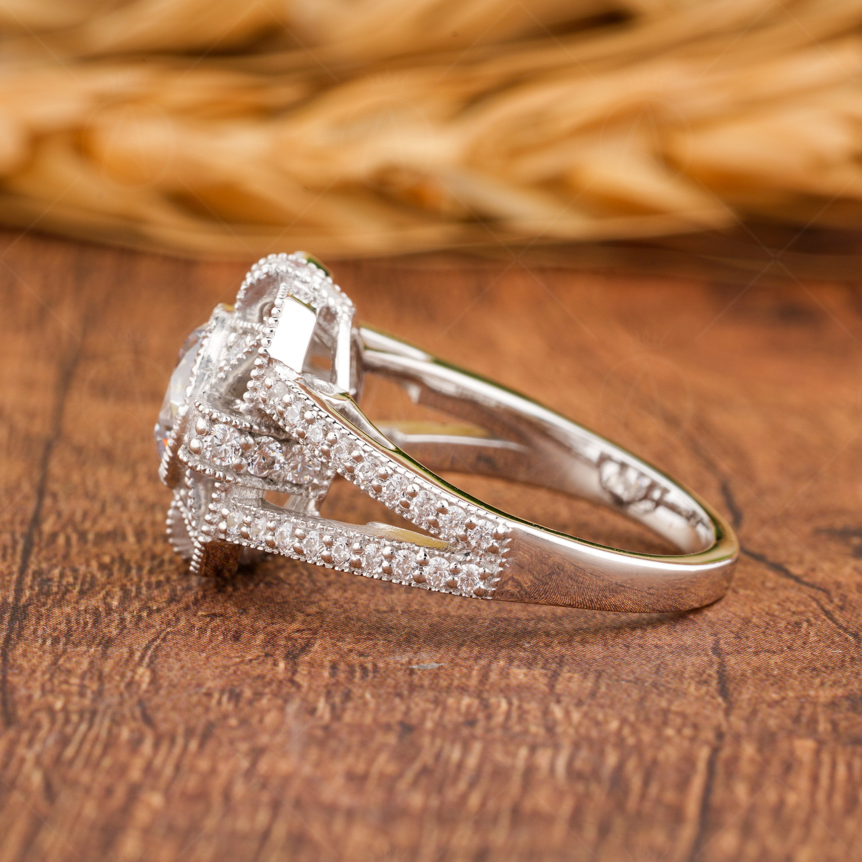 1920s Antique Vintage Inspired Ring, Art Deco Moissanite Ring, Art Deco Milgrain Engagement Ring, Unique Split Shank Ring, Rings For Women