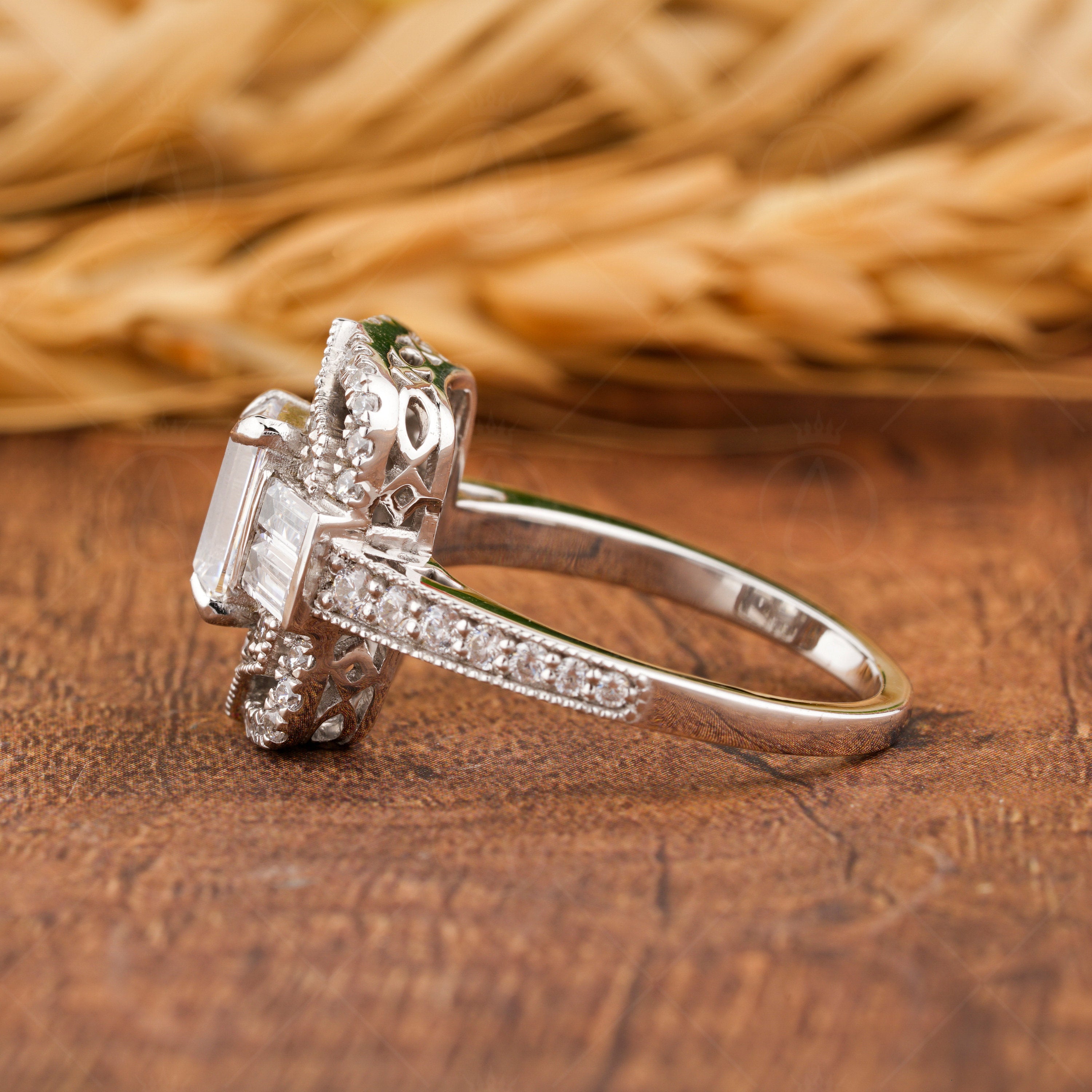 Emerald Cut Moissanite Ring, Art Deco Style Engagement Ring, Antique Vintage Ring, Milgrain Ring, Promise Rings Women, Rectangle Stone Ring