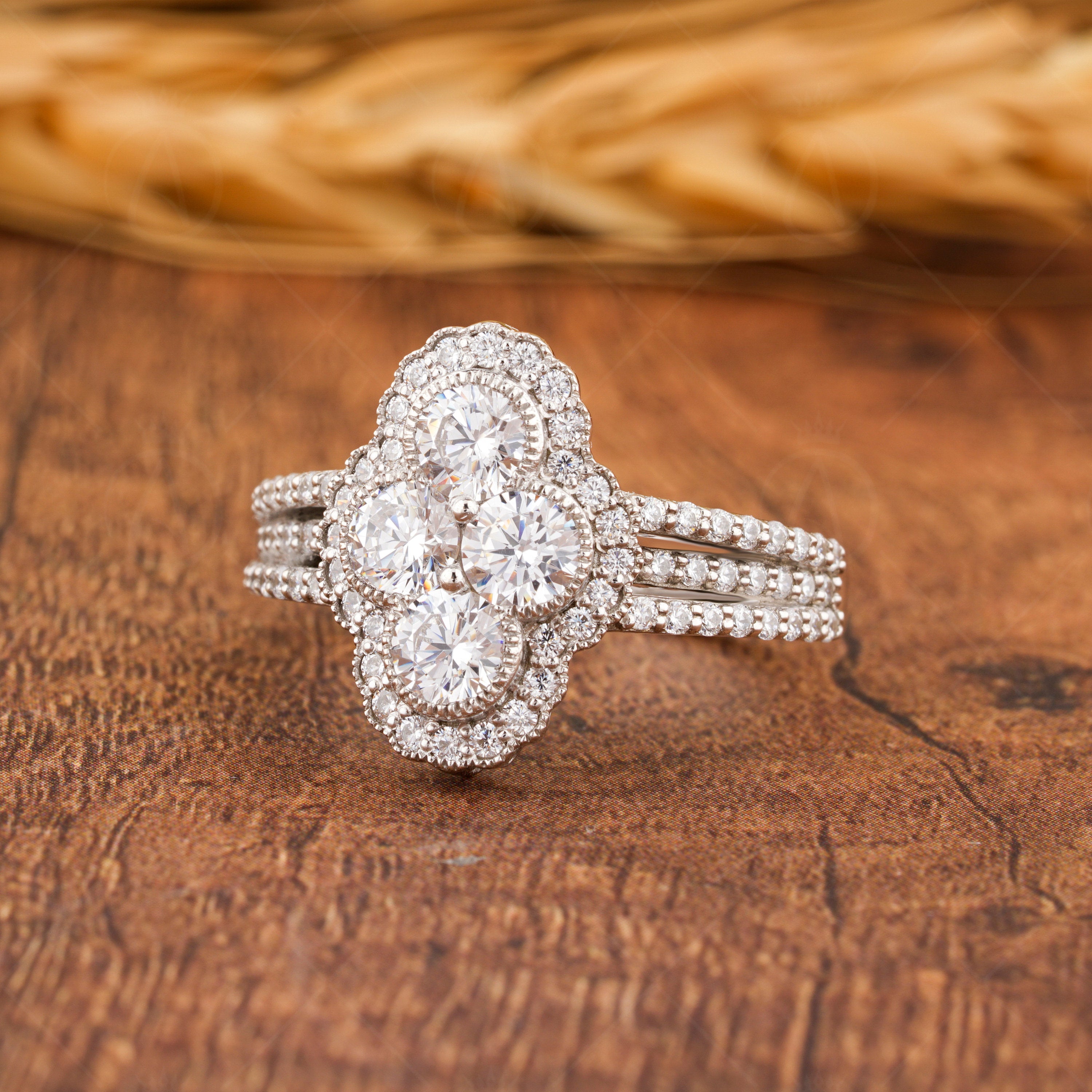 Elongated Vintage Inspired Ring, Art Deco Moissanite Ring, Cluster Engagement Ring, Round Stone Ring, Unique 1930s Style Ring, Womens Ring