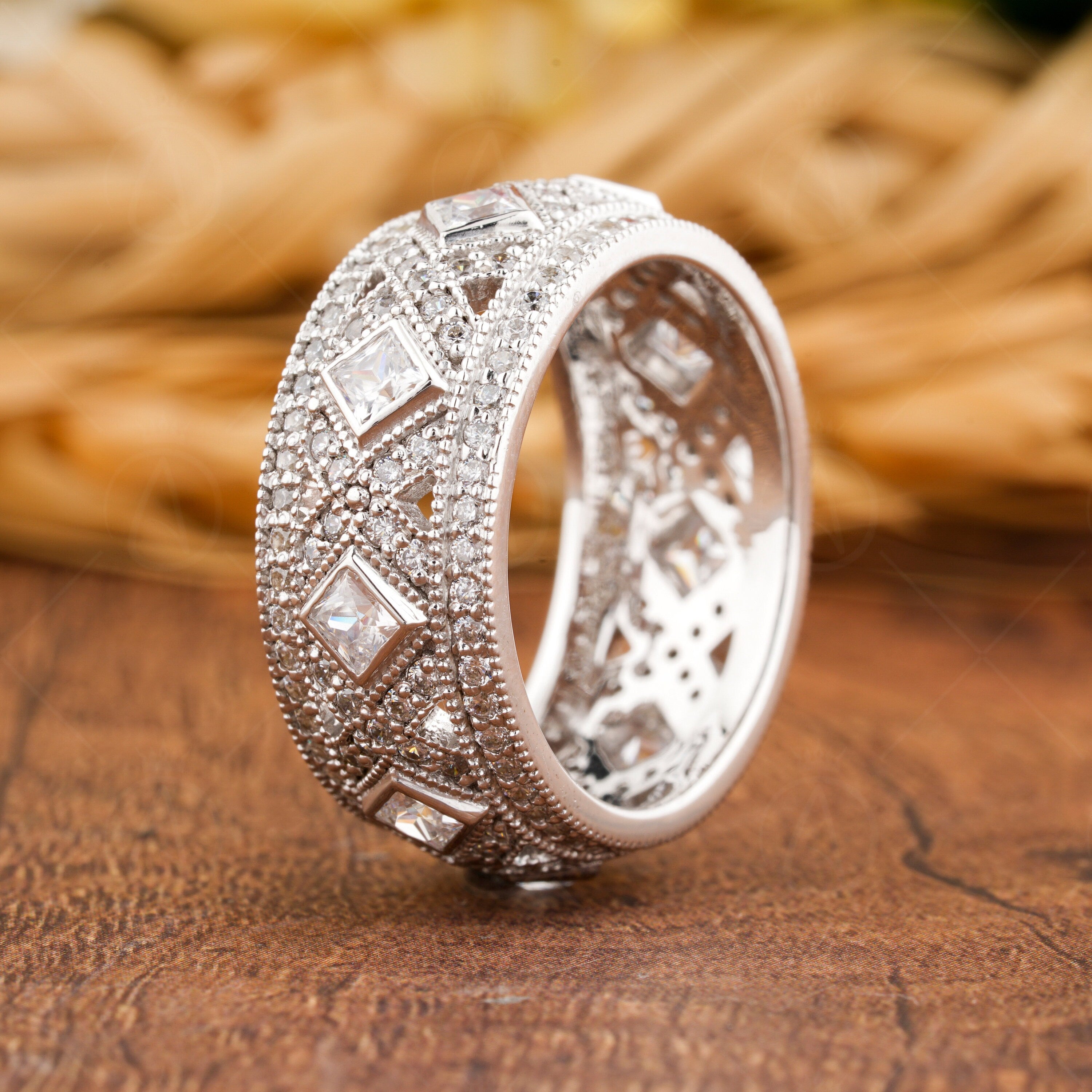Art Deco Vintage Wedding Band, Moissanite Anniversary Bands For Women, Milgrain Vintage Band, Unique Wide Band Ring, Thick Gold Band