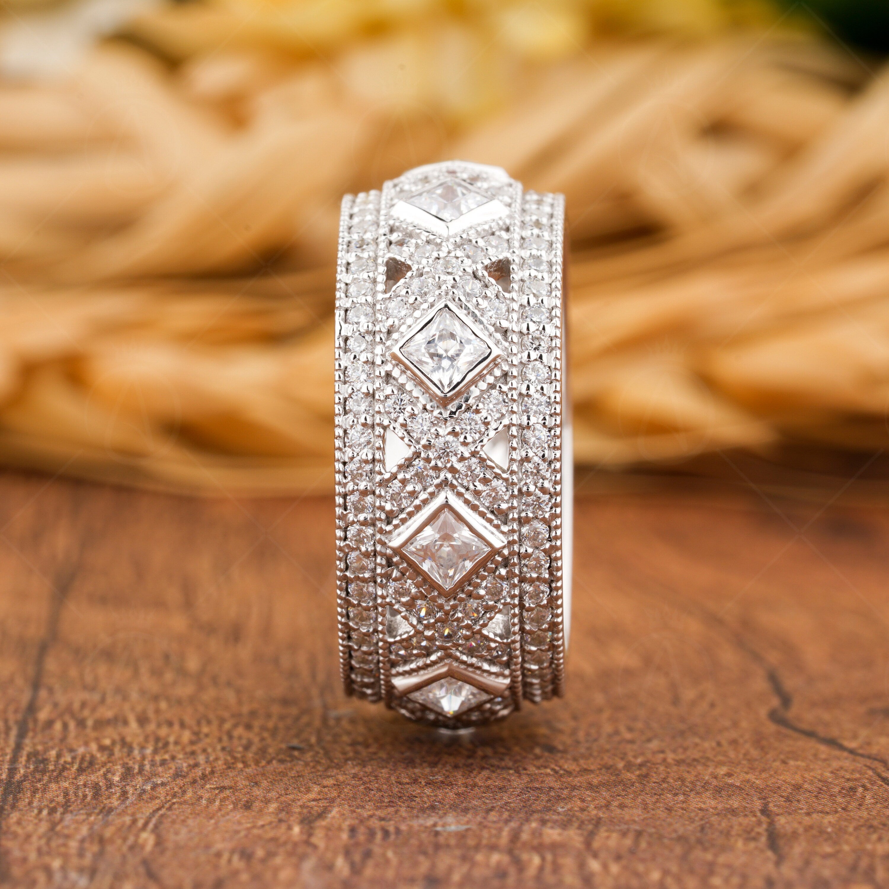 Art Deco Vintage Wedding Band, Moissanite Anniversary Bands For Women, Milgrain Vintage Band, Unique Wide Band Ring, Thick Gold Band