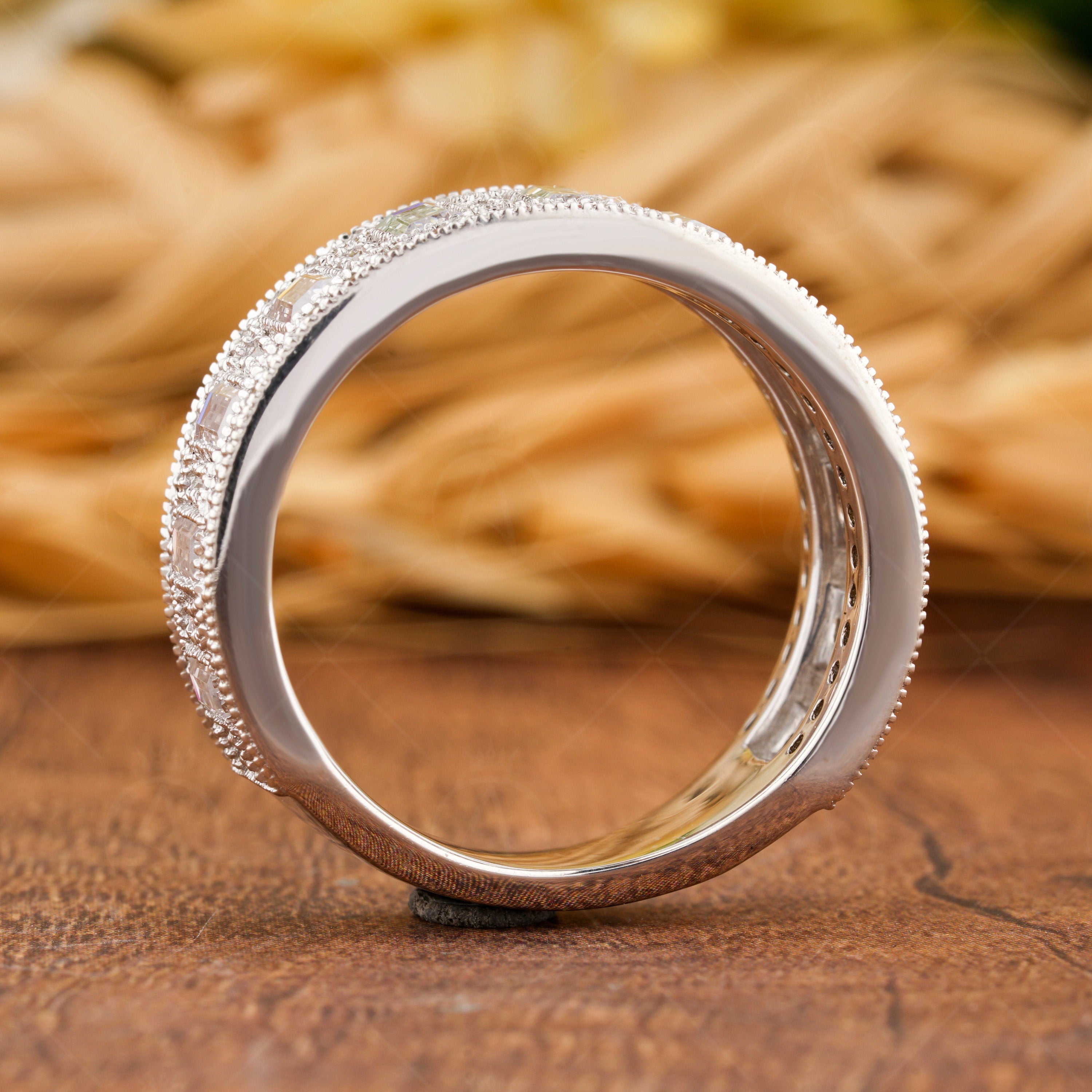 Vintage Milgrain Wedding Band, Wide Band Rings For Women, Baguette And Round Anniversary Band, Unique Engagement Band, Art Deco Promise Band