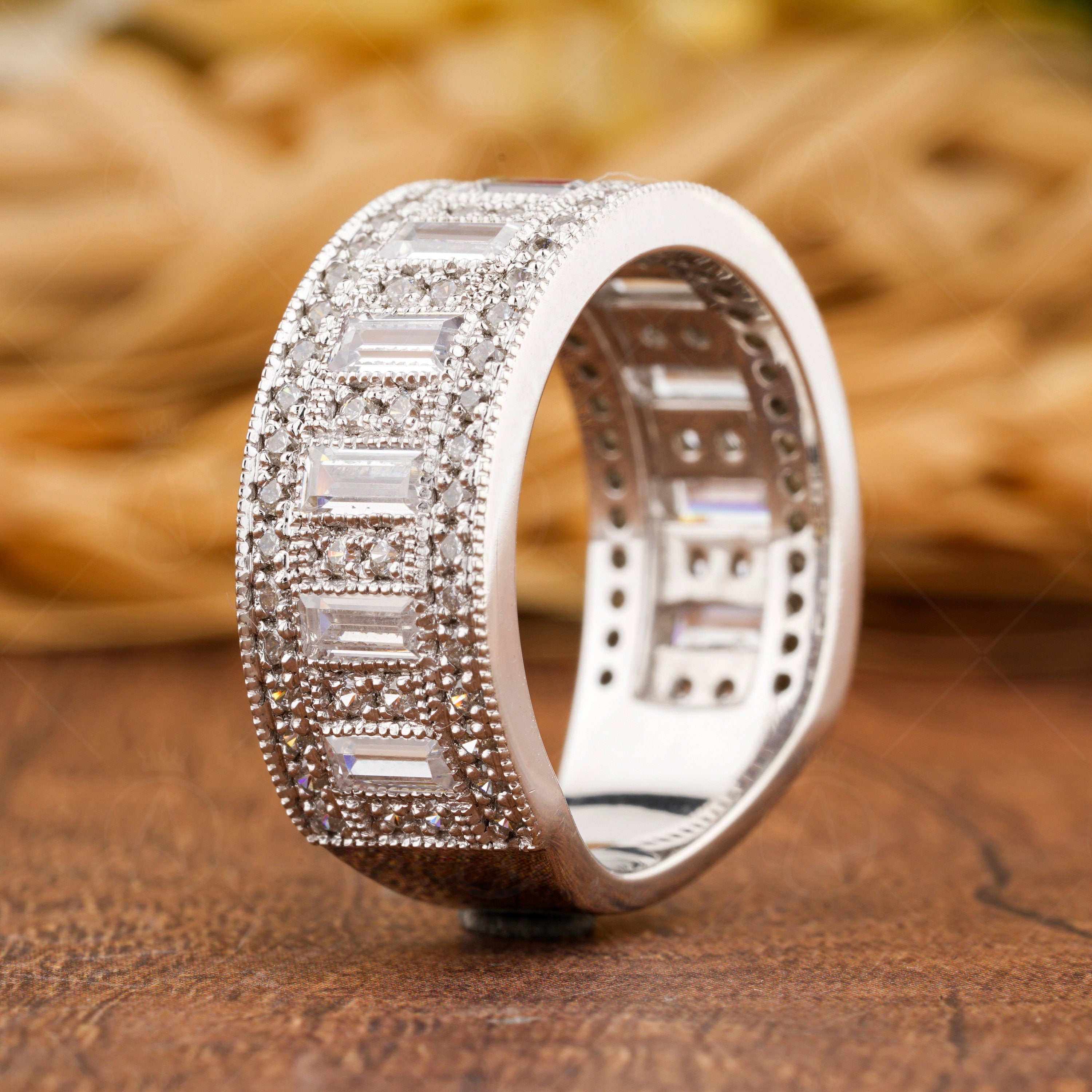 Vintage Milgrain Wedding Band, Wide Band Rings For Women, Baguette And Round Anniversary Band, Unique Engagement Band, Art Deco Promise Band