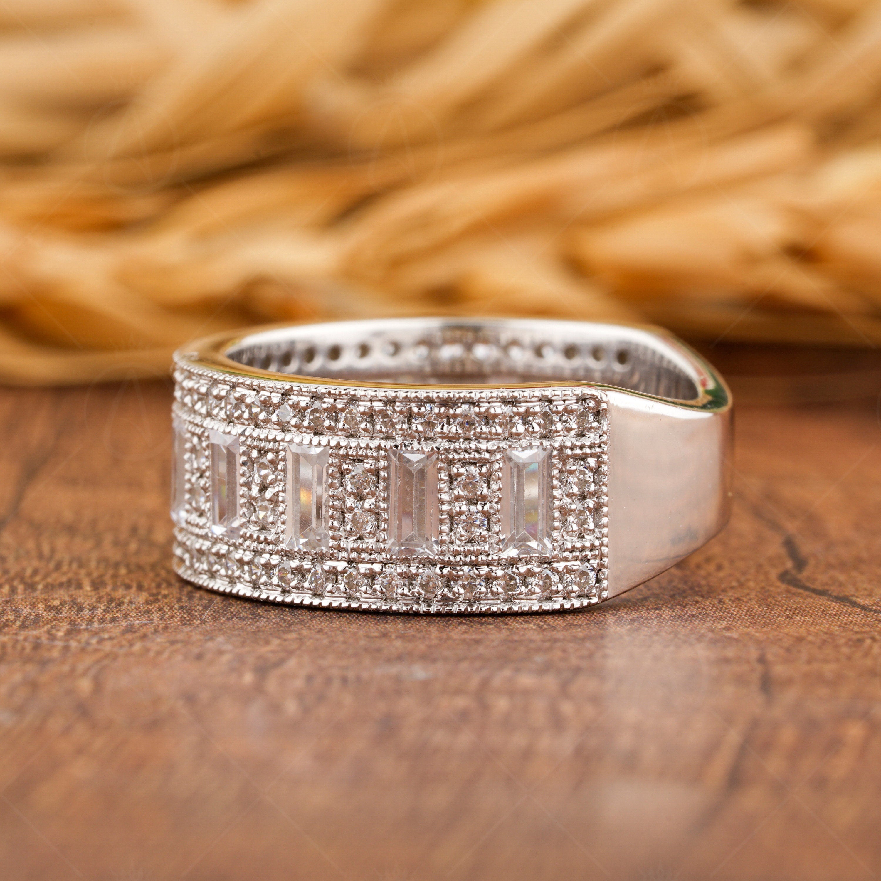 Vintage Milgrain Wedding Band, Wide Band Rings For Women, Baguette And Round Anniversary Band, Unique Engagement Band, Art Deco Promise Band