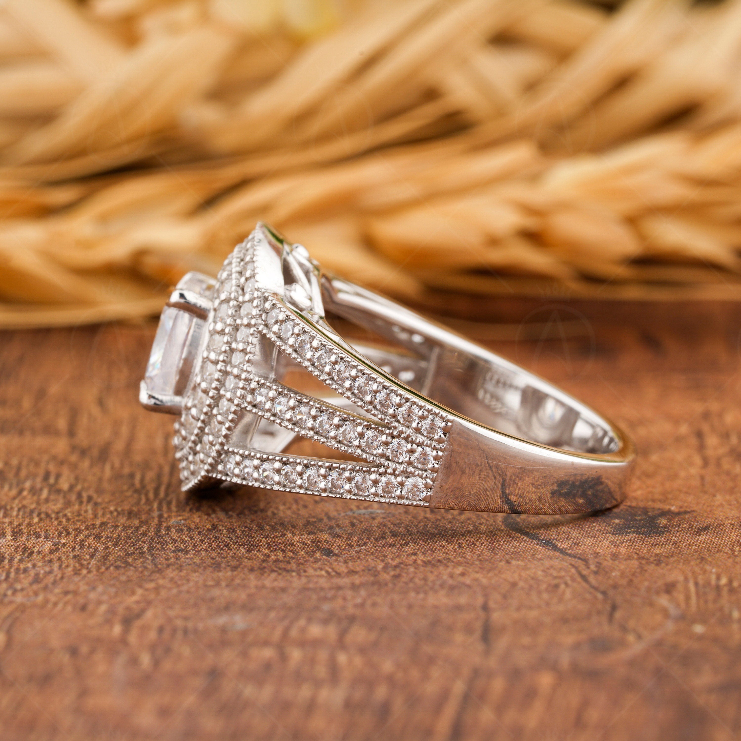 Double Halo Moissanite Ring, Cushion Cut Vintage Engagement Ring, Split Shank Art Deco Ring, Big Cocktail Ring, Promise Ring For Women