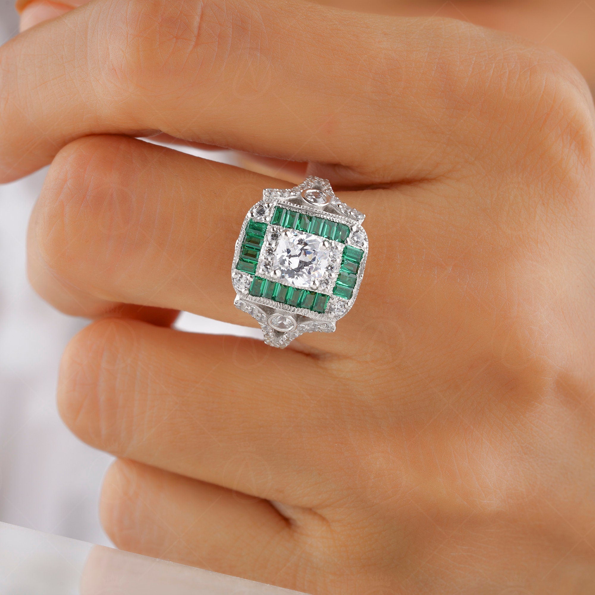 Emerald Estate Jewelry Rings For Women, Antique Emerald Halo Engagement Ring, Art Deco Vintage Ring, Unique Moissanite Promise Ring For Her