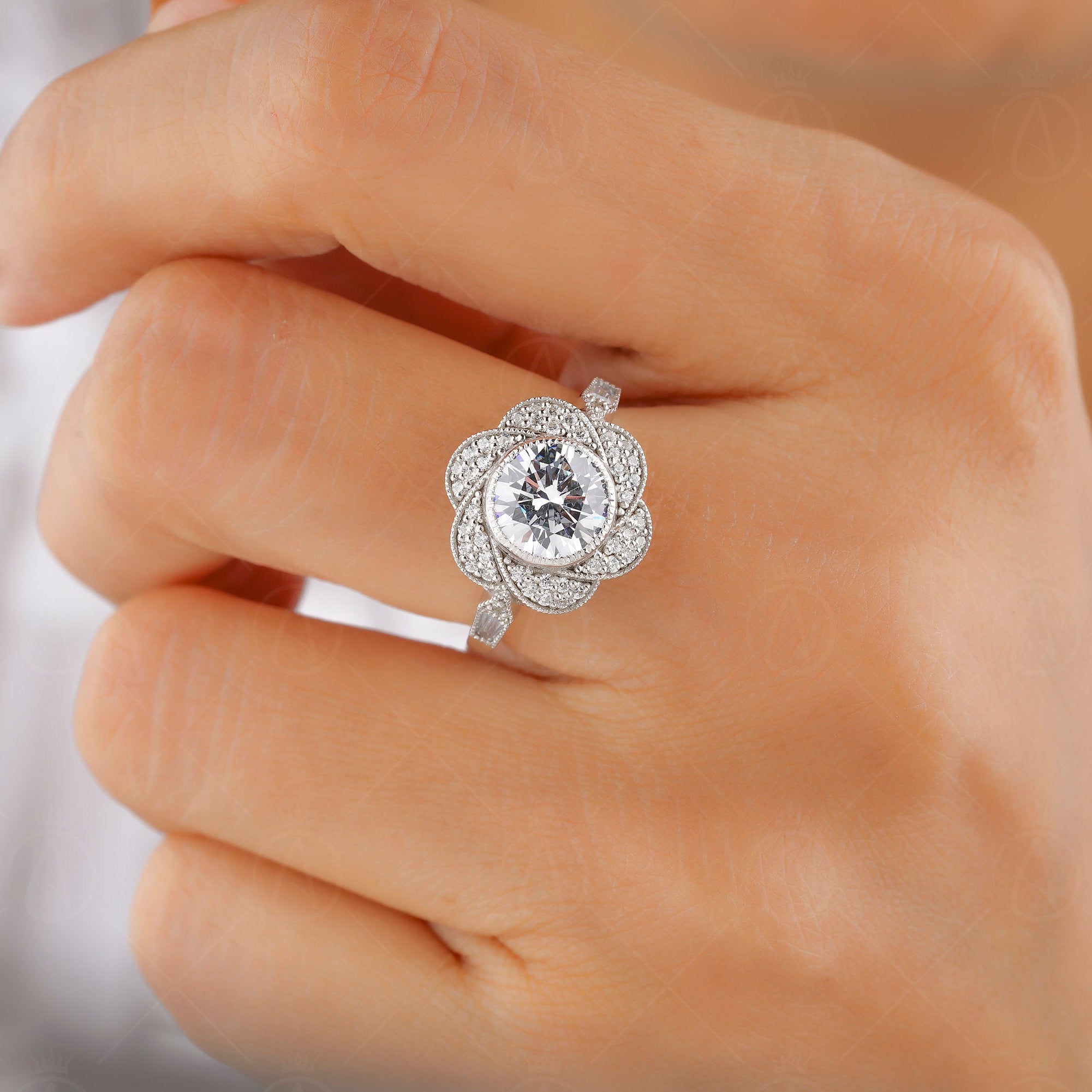 Flower Moissanite Engagement Ring, Floral Nature Inspired Ring, Art Deco Milgrain Ring, Bezel Set Round Ring, Antique Wedding Ring