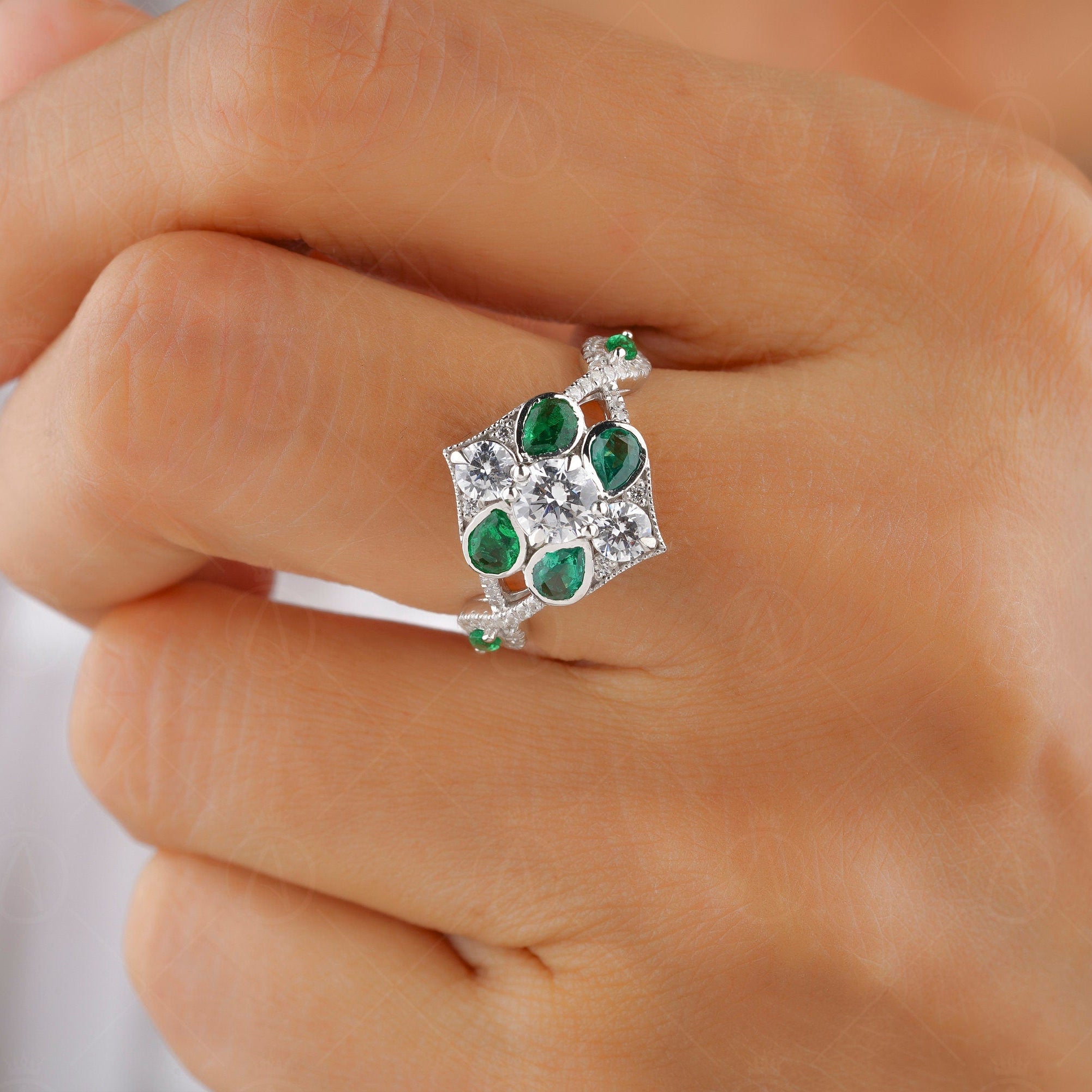 Green Emerald And Moissanite Art Deco Ring, Unique Vintage Ring, Cluster Engagement Ring For Women, Estate Jewelry Ring, Gold Nature Leaf Ring