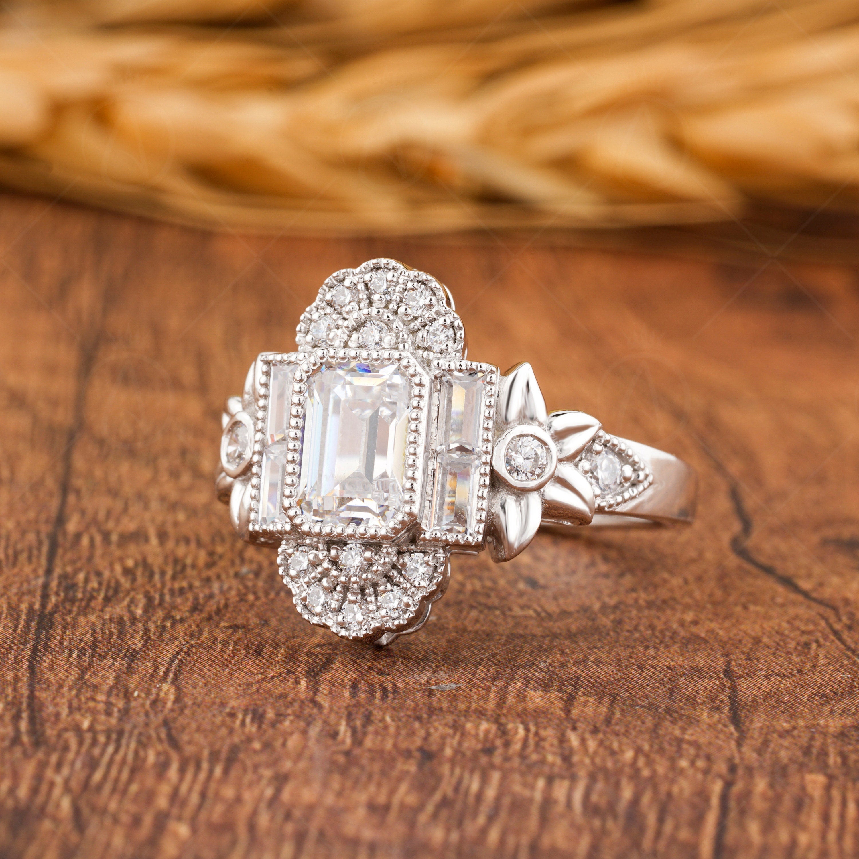 Flower Style Moissanite Ring, Nature Inspired Engagement Ring, Emerald Cut Art Deco Ring, Vintage Milgrain Ring, Floral Bezel Set Ring Women