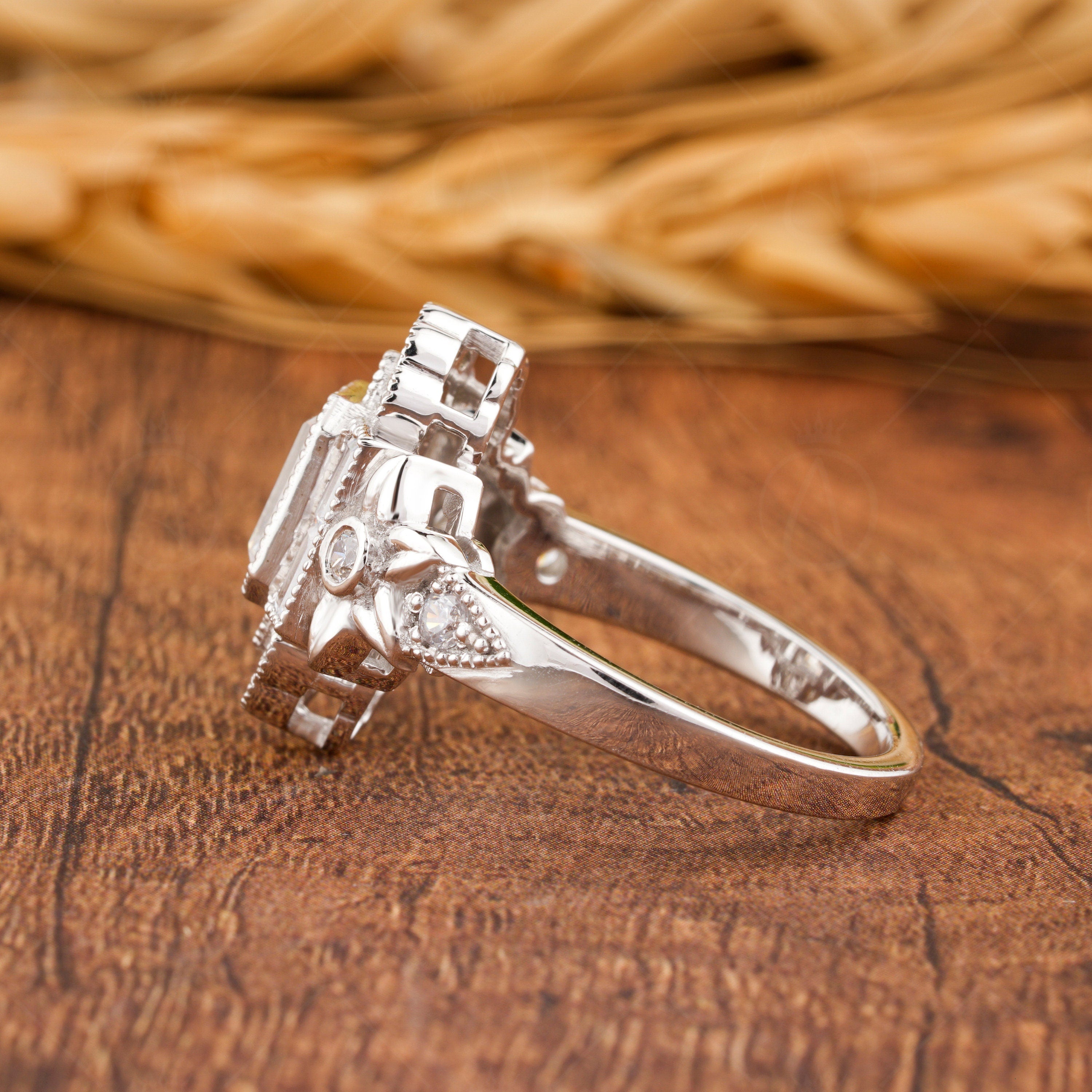 Flower Style Moissanite Ring, Nature Inspired Engagement Ring, Emerald Cut Art Deco Ring, Vintage Milgrain Ring, Floral Bezel Set Ring Women