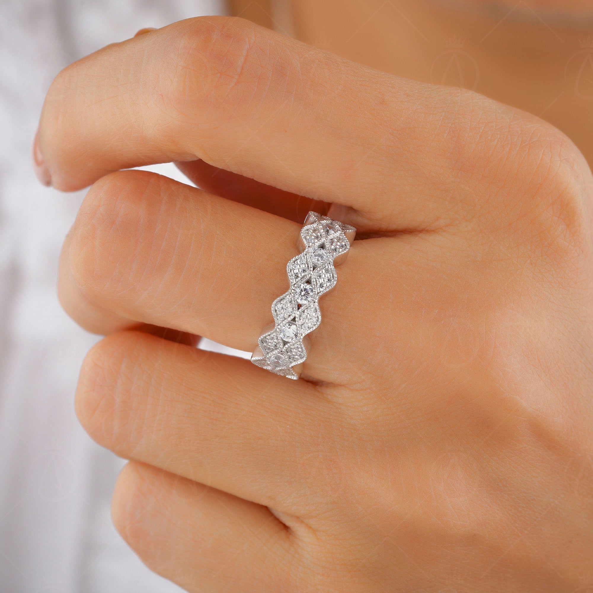 Art Deco Vintage Wedding Band Women, Moissanite Ring Band, Milgrain Vintage Band, Scalloped Edge Band, Unique Moissanite Anniversary Bands