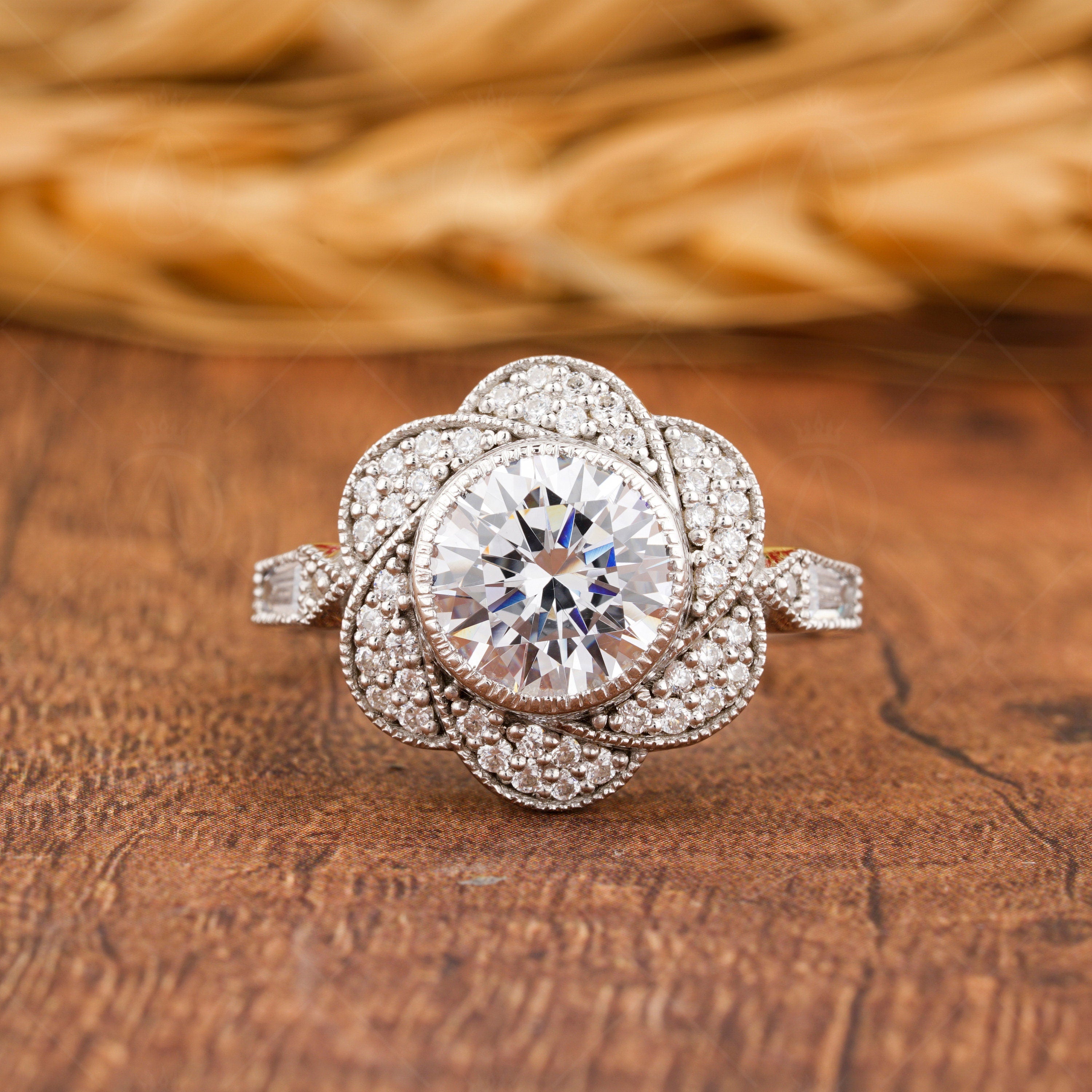 Flower Moissanite Engagement Ring, Floral Nature Inspired Ring, Art Deco Milgrain Ring, Bezel Set Round Ring, Antique Wedding Ring