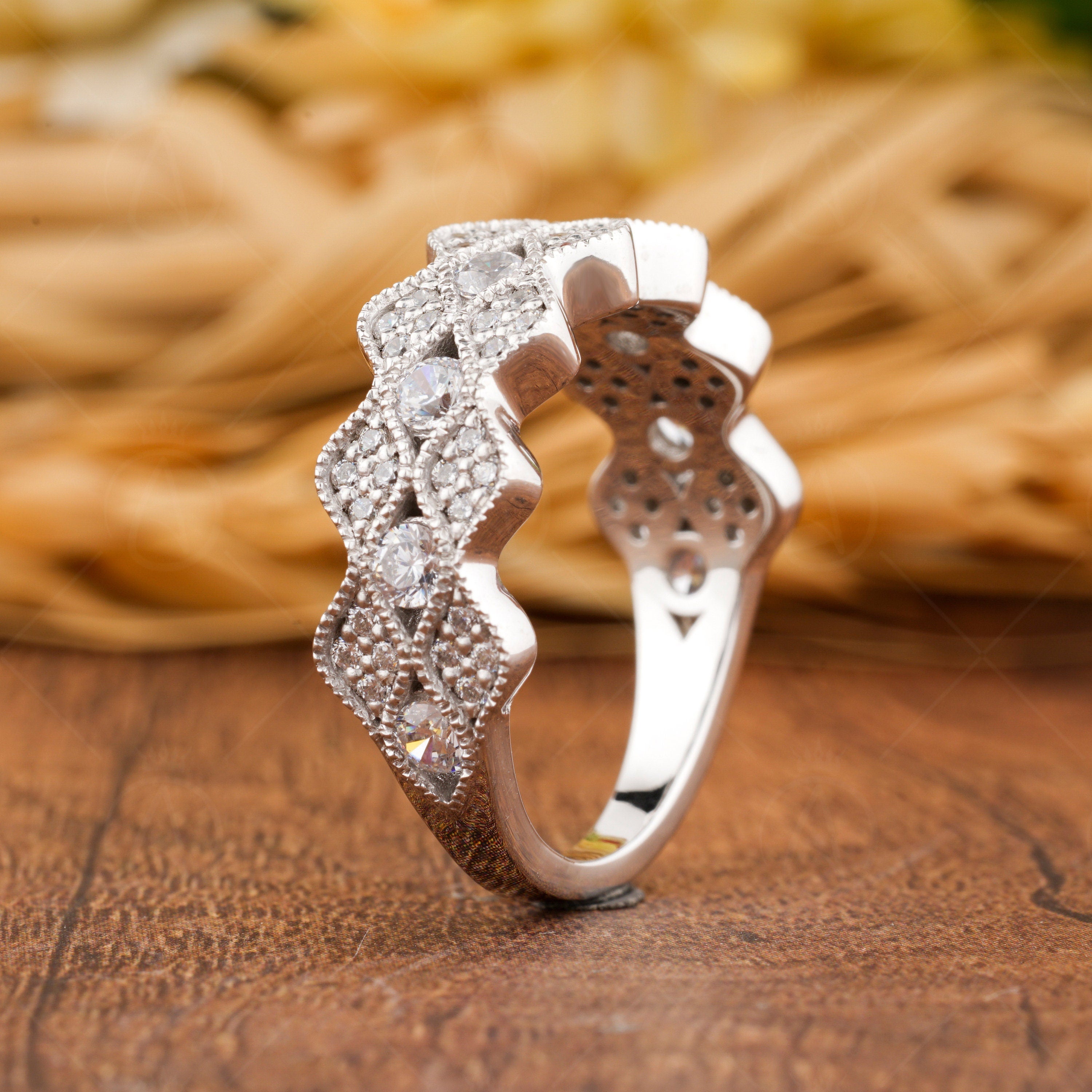 Art Deco Vintage Wedding Band Women, Moissanite Ring Band, Milgrain Vintage Band, Scalloped Edge Band, Unique Moissanite Anniversary Bands