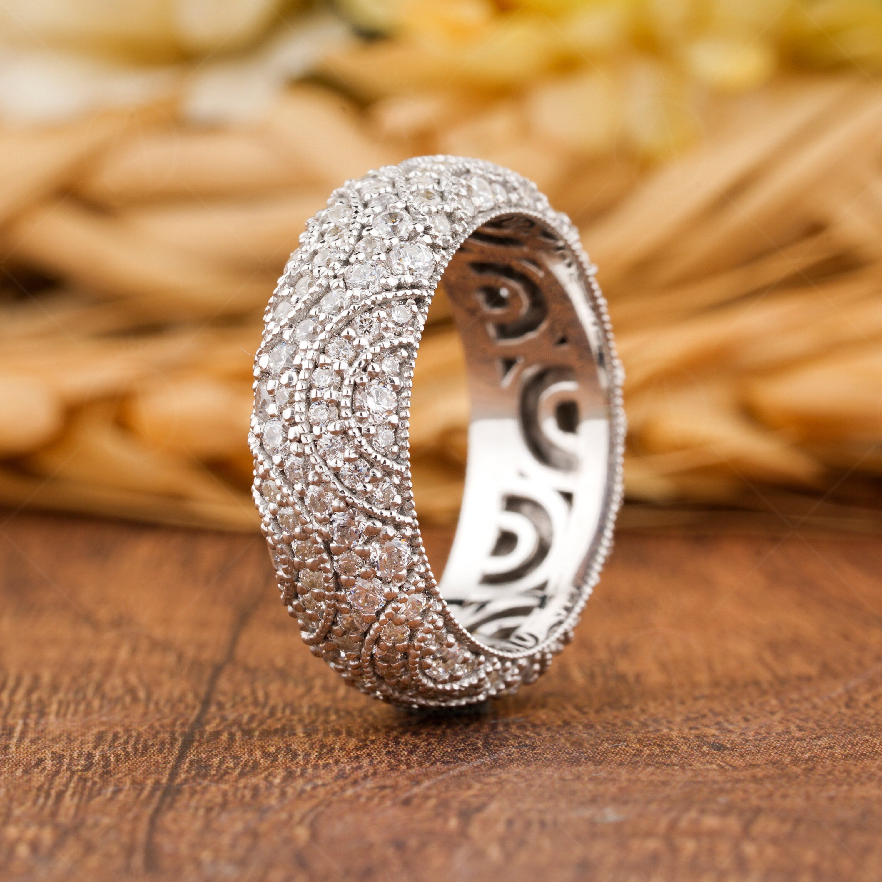 Estate Wedding Band, Vintage Milgrain Wedding Bands Women, Art Deco Moissanite Full Eternity Band, Wide Anniversary Bands, Antique Band Ring