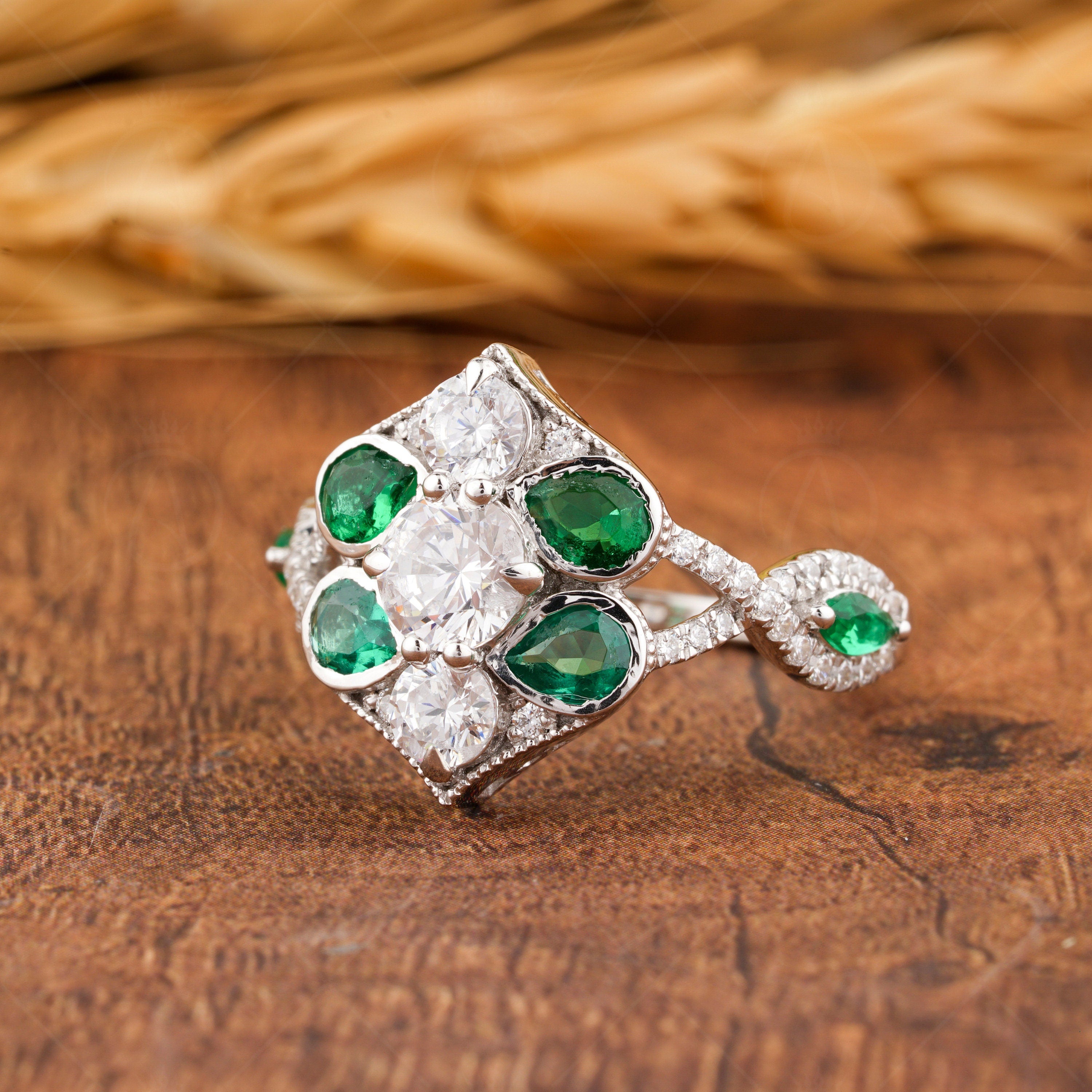 Green Emerald And Moissanite Art Deco Ring, Unique Vintage Ring, Cluster Engagement Ring For Women, Estate Jewelry Ring, Gold Nature Leaf Ring