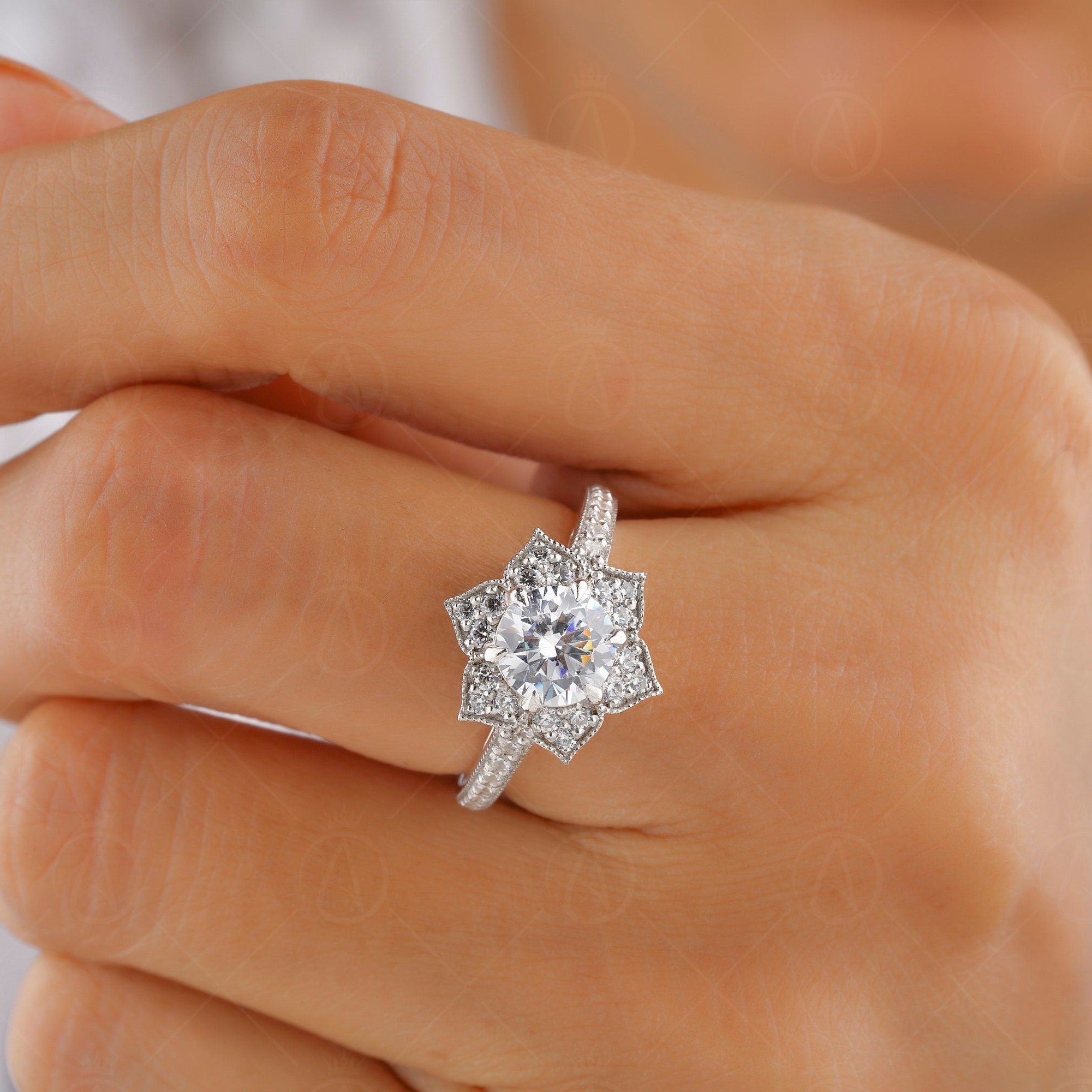 Nature Inspired Ring, Floral Style Engagement Ring, Moissanite Art Deco Ring, Milgrain Flower Ring, Unique Promise Rings For Women