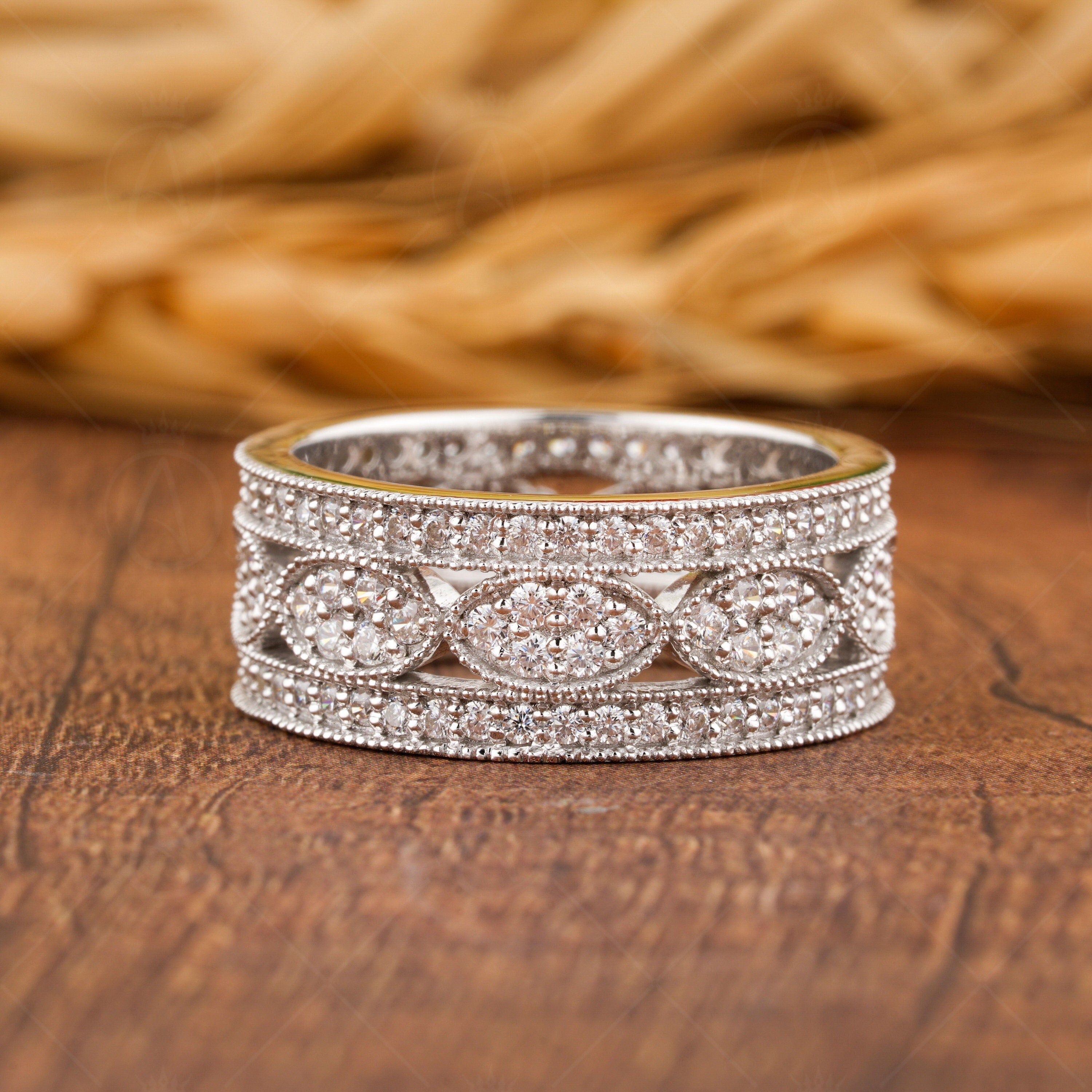 Vintage Filigree Anniversary Bands Women, Wide Full Eternity Band, Art Deco Moissanite Wedding Band Gold, Unique Thick Promise Ring For Her