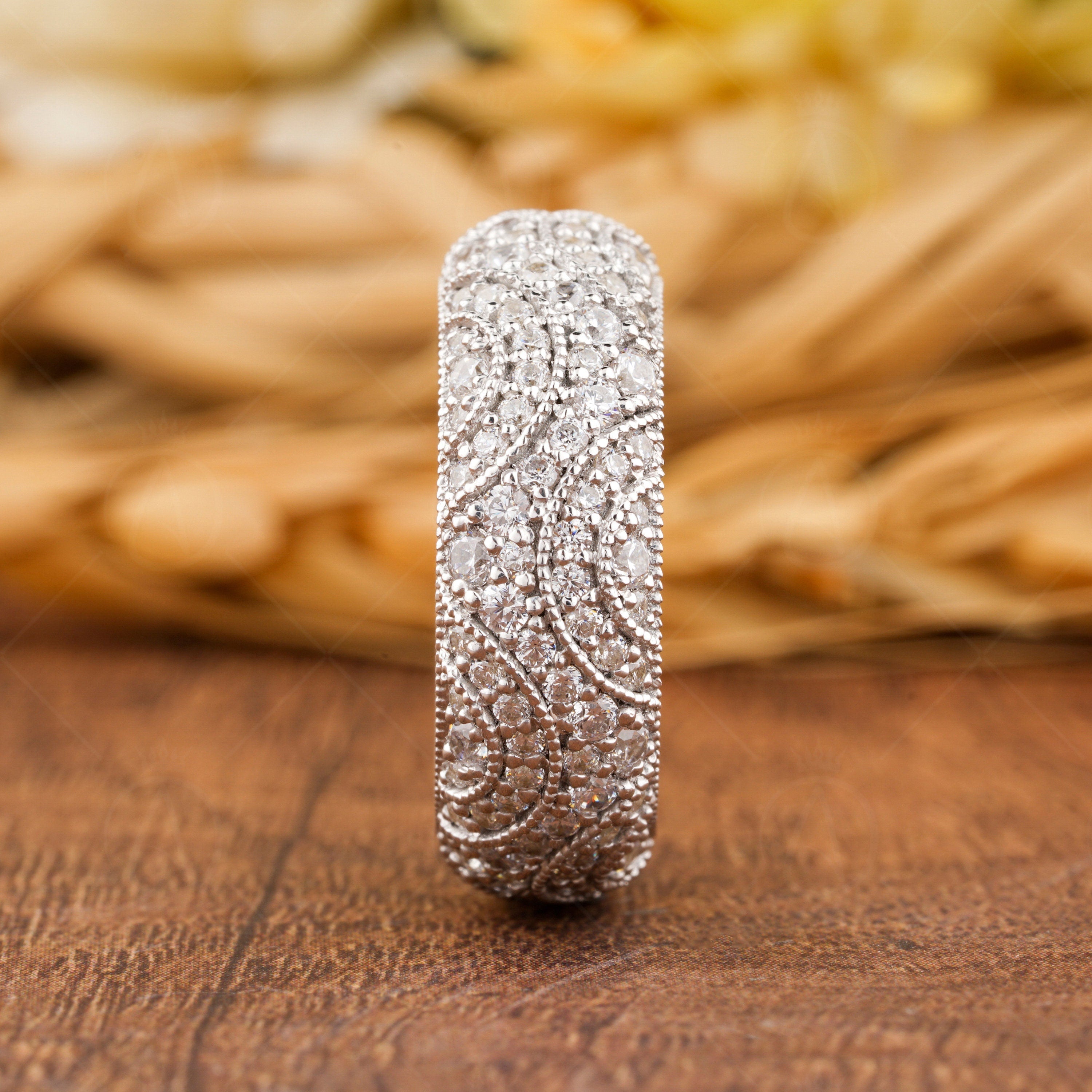 Estate Wedding Band, Vintage Milgrain Wedding Bands Women, Art Deco Moissanite Full Eternity Band, Wide Anniversary Bands, Antique Band Ring