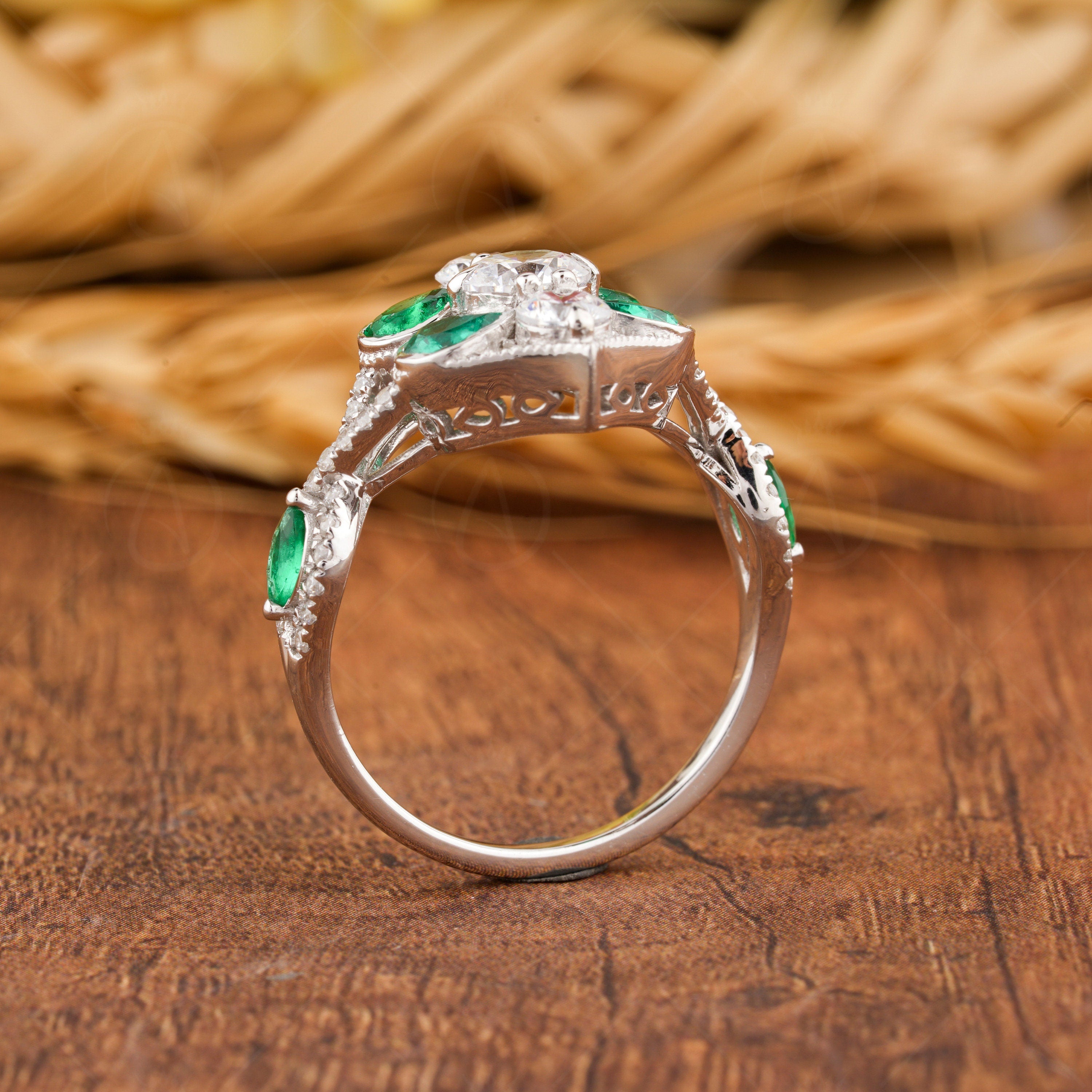 Green Emerald And Moissanite Art Deco Ring, Unique Vintage Ring, Cluster Engagement Ring For Women, Estate Jewelry Ring, Gold Nature Leaf Ring