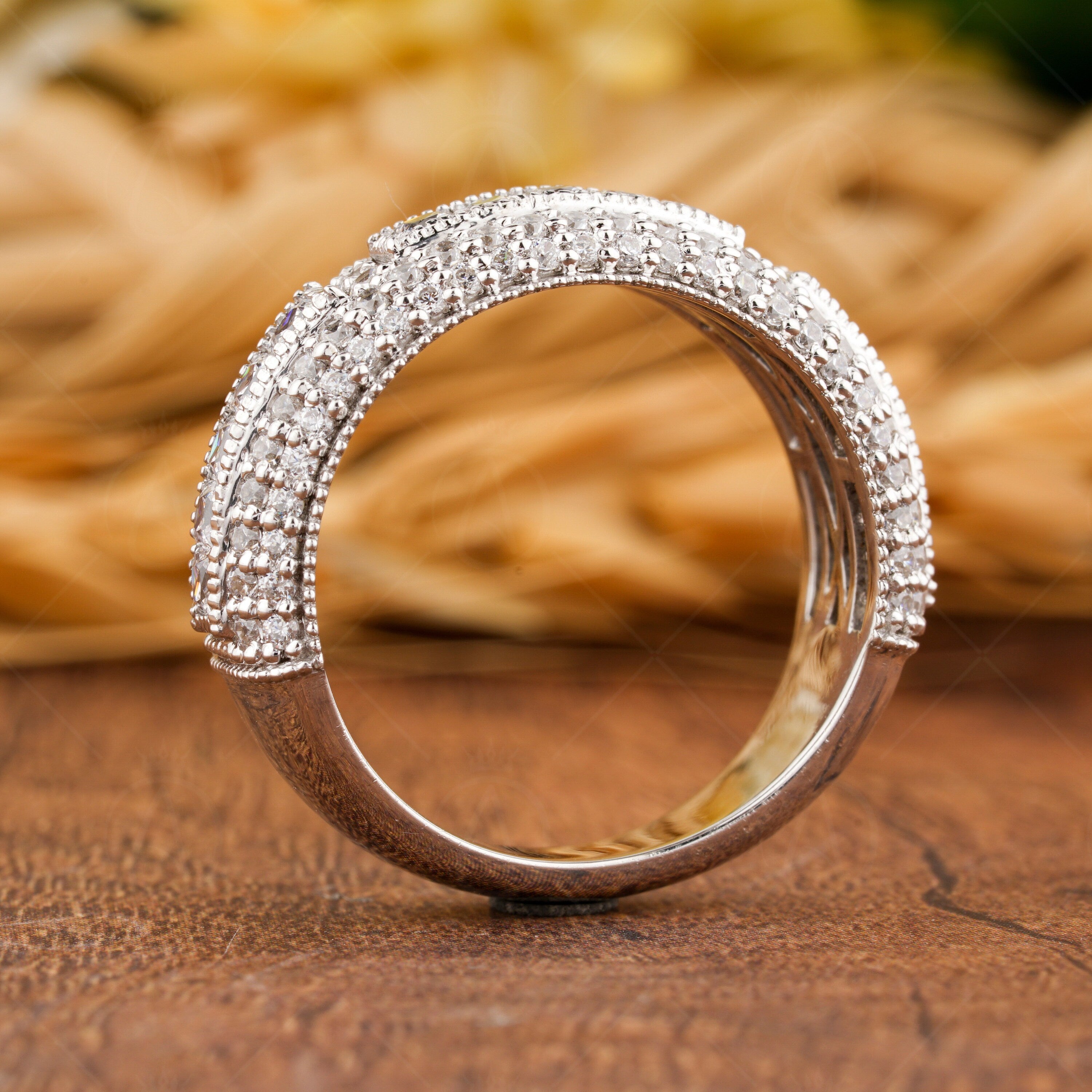 8mm Wide Band Rings For Women, Moissanite Anniversary Rings, Vintage Wedding Band Gold, Art Deco Promise Ring For Her, Milgrain Wide Band