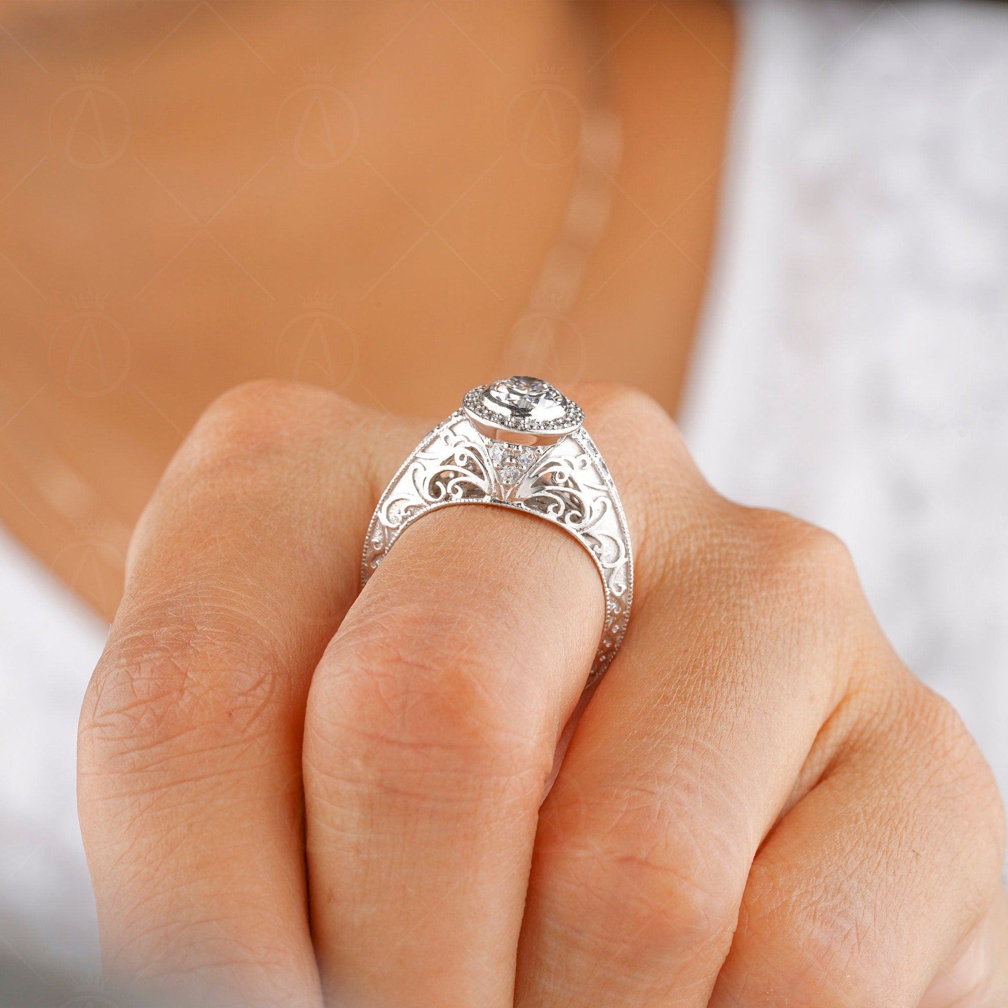 Edwardian Moissanite Engagement Ring, Bezel Set Oval Halo Ring, Antique Carving Ring, Art Deco Vintage Ring, 1920s Style Promise Ring Women