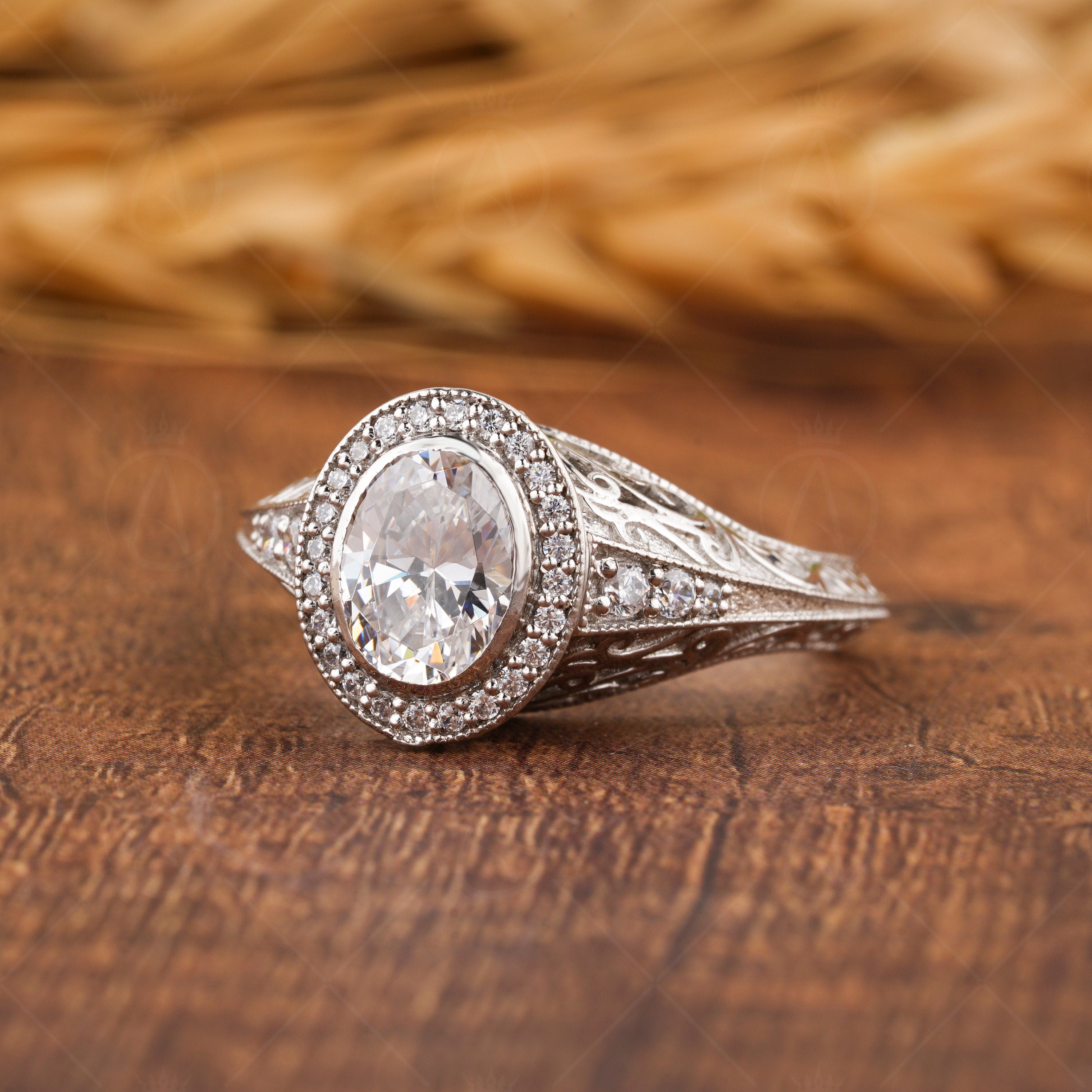 Edwardian Carving Bezel Set Oval Halo Engagement Ring