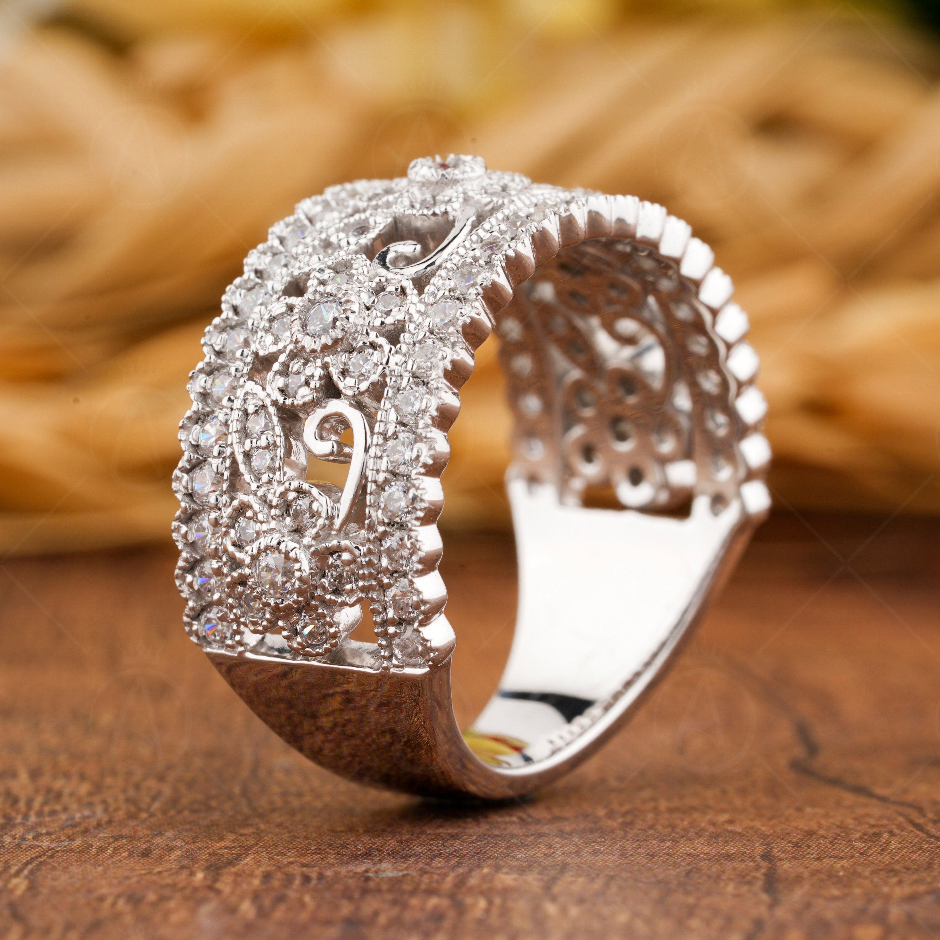 Floral Nature Inspired Rings For Women, Flower Milgrain Wedding Band, Leaf And Vine Wide Band, Unique Anniversary Band, Moissanite Band Ring