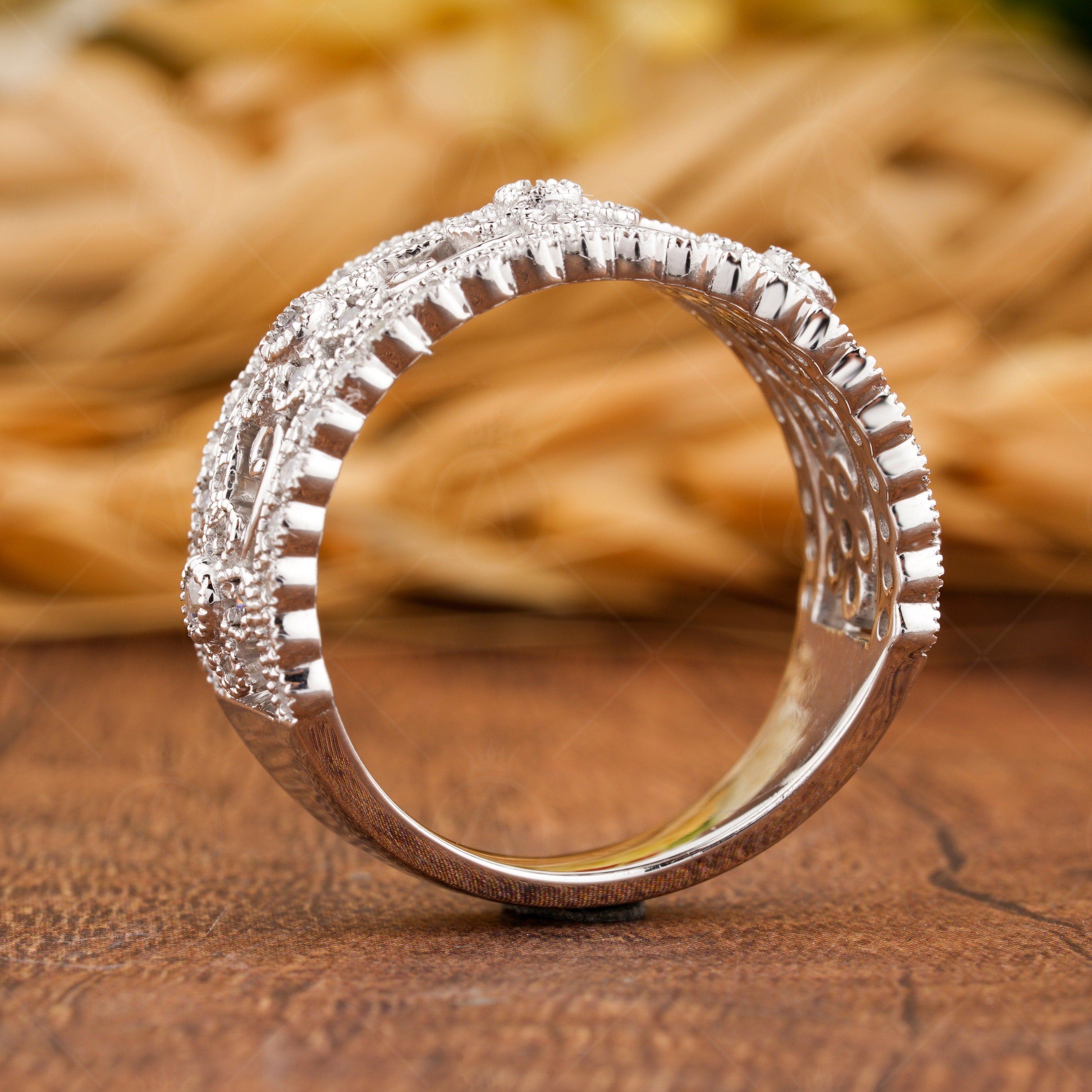 Floral Nature Inspired Rings For Women, Flower Milgrain Wedding Band, Leaf And Vine Wide Band, Unique Anniversary Band, Moissanite Band Ring