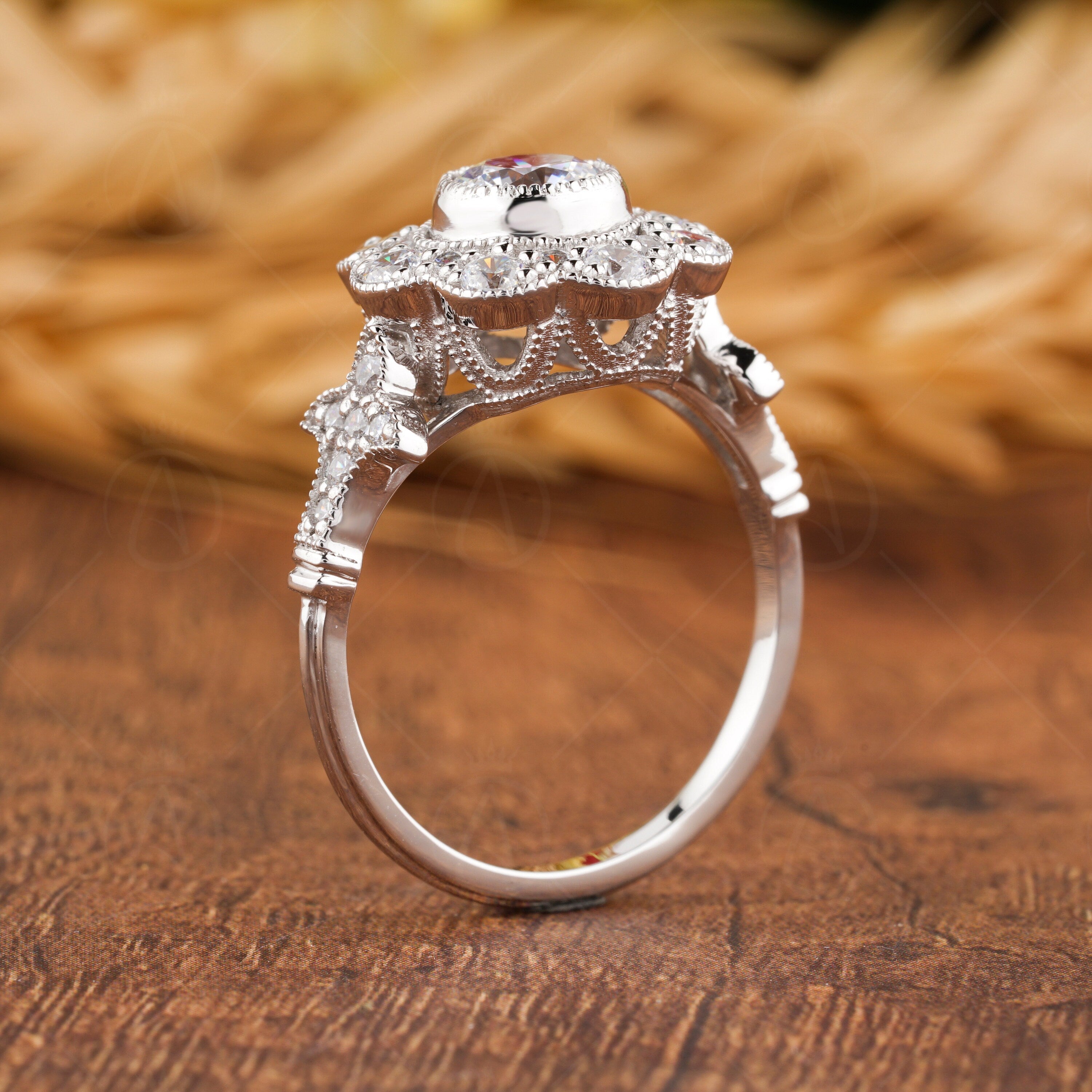 Floral Nature Inspired Ring, Vintage Art Deco Style Ring, Milgrain Ring, Antique Moissanite Halo Engagement Ring, Promise Rings For Women