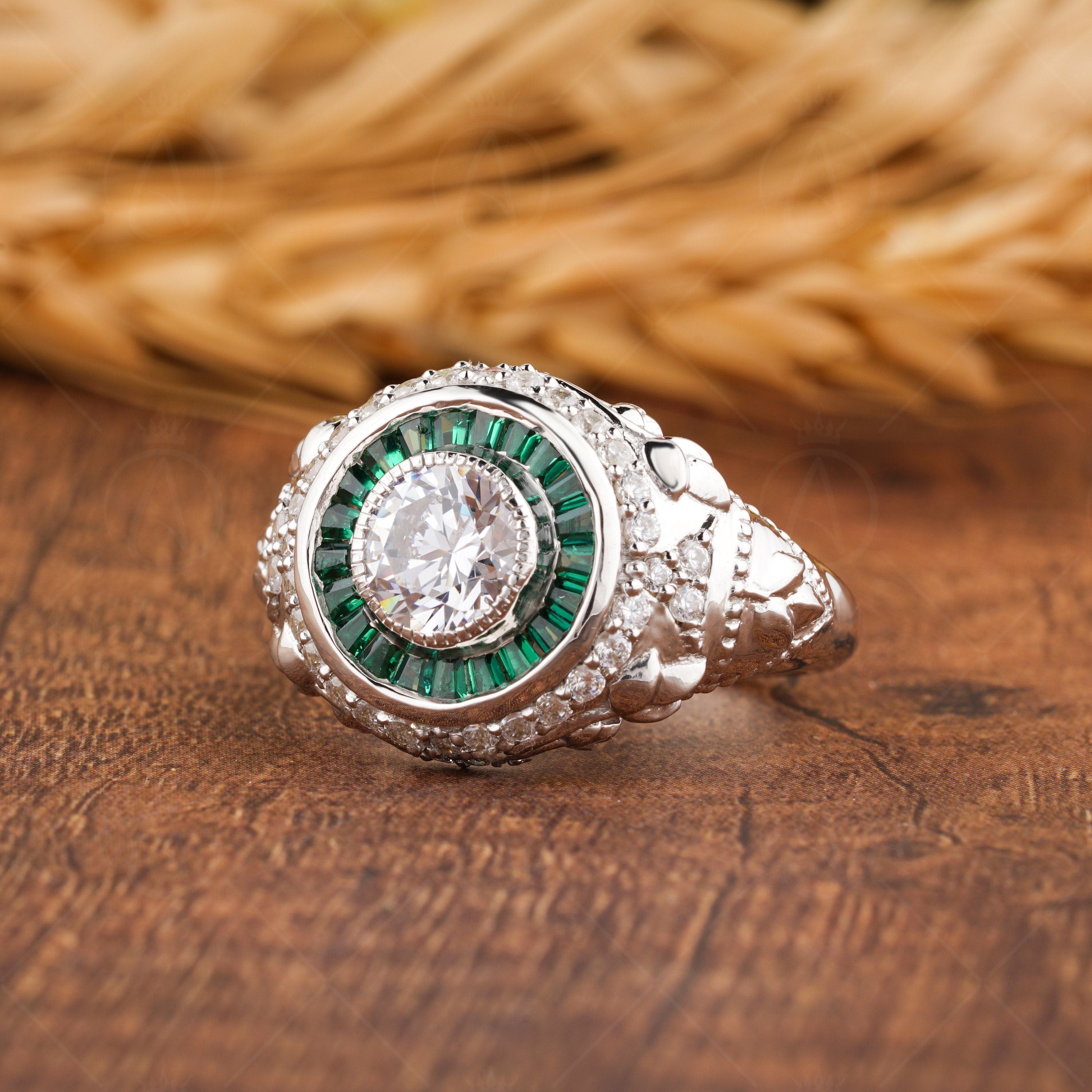 Emerald Target Ring, Emerald Estate Rings For Women, White Moissanite Flower Ring, Antique Art Deco Engagement Ring, Nature Inspired Ring
