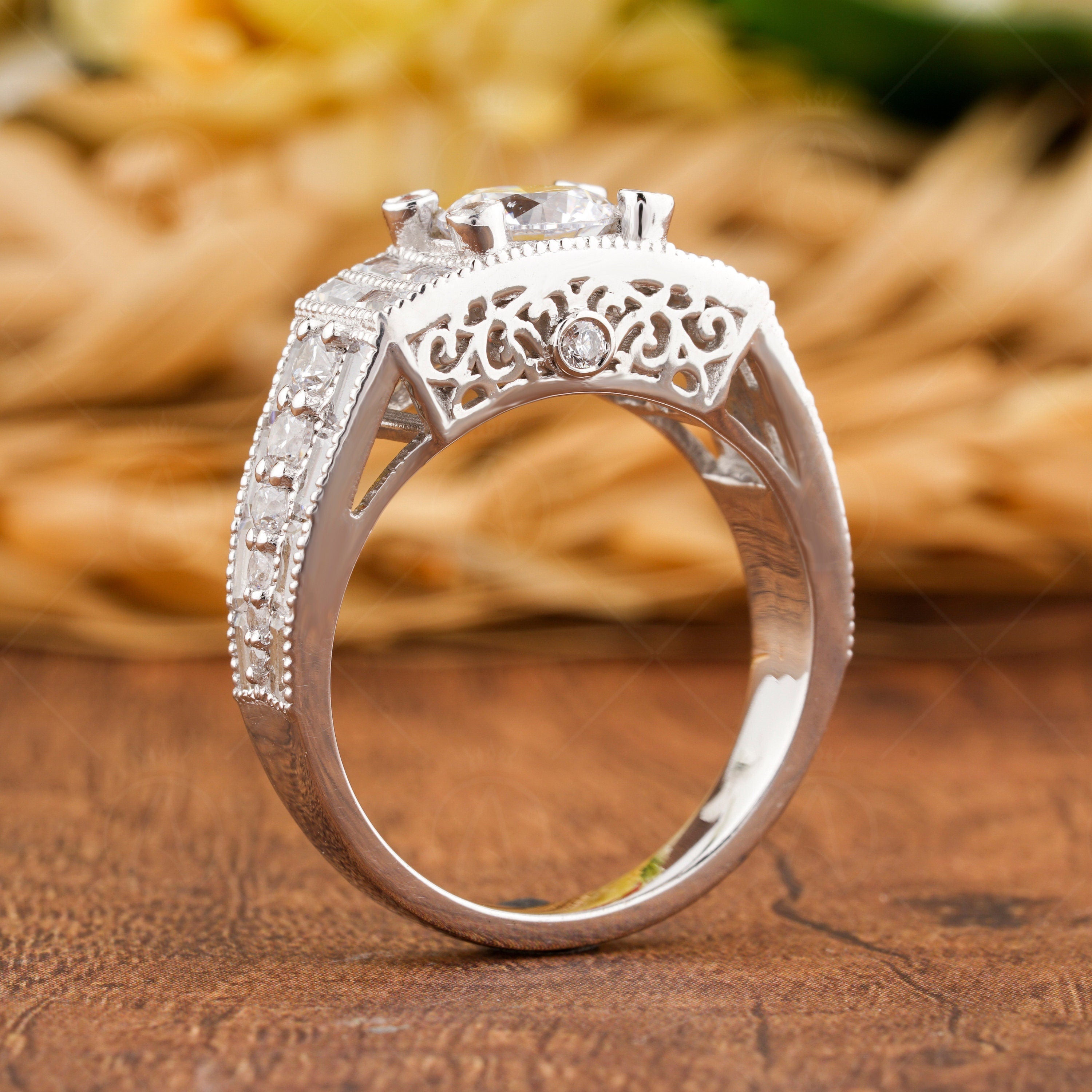 Art Deco Engagement Ring, Vintage Moissanite Ring, Antique Style Wedding Ring, Moissanite Estate Jewelry Rings For Women, Promise Ring