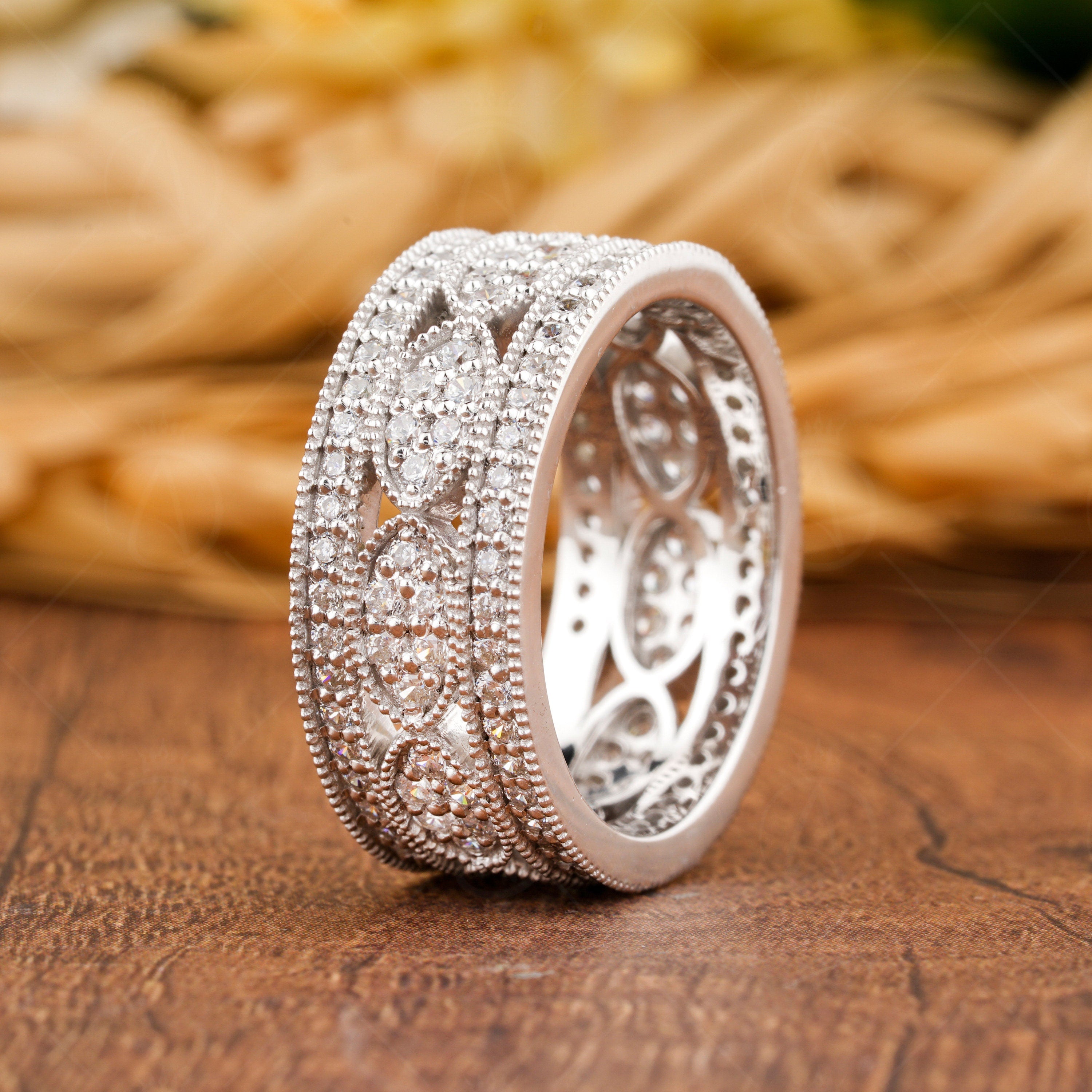 Vintage Filigree Anniversary Bands Women, Wide Full Eternity Band, Art Deco Moissanite Wedding Band Gold, Unique Thick Promise Ring For Her